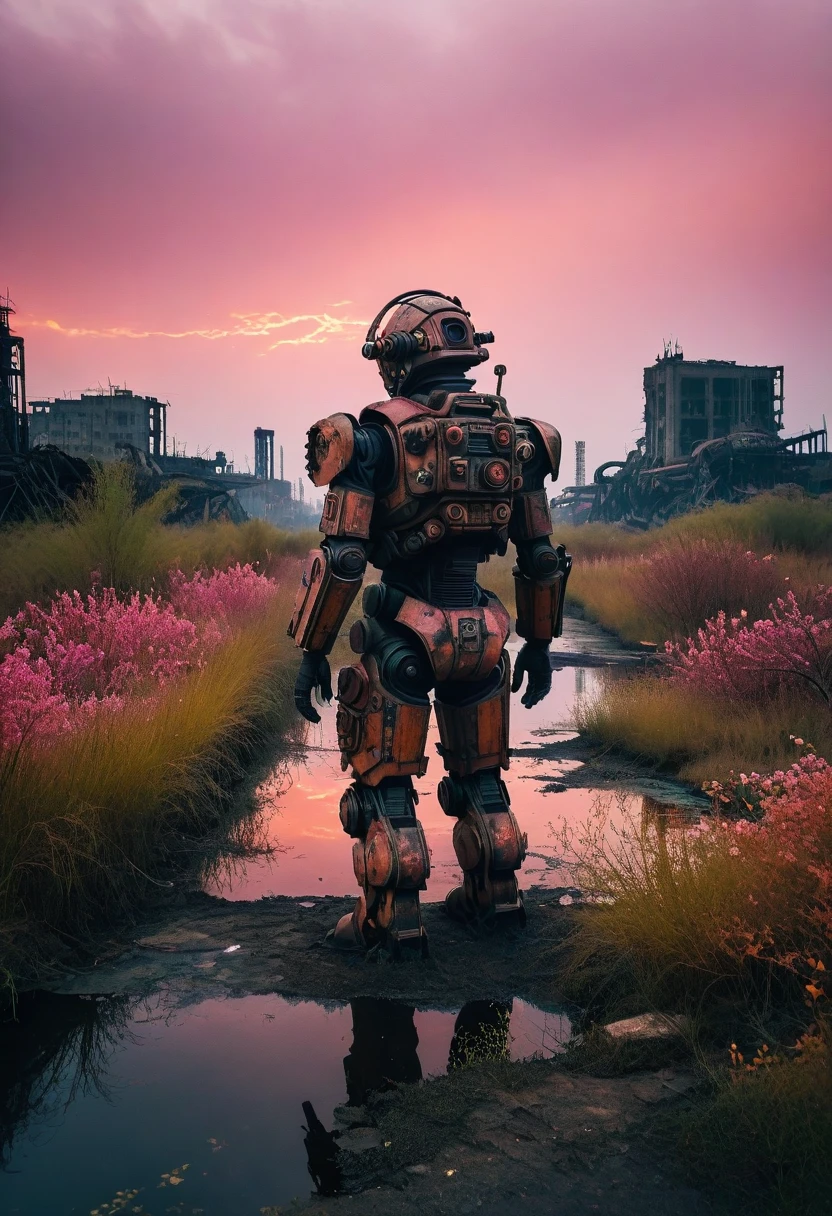 abandoned mech warrior,oil filled pond,ruined city,nuclear explosion,overgrown vegetation,extreme minimalism,soft orange pink color scheme,ultra warm feel,film grain, bloom effect,ultra detailed, post apocalyptic, twilight, abandoned, war, destroyed, passage of time