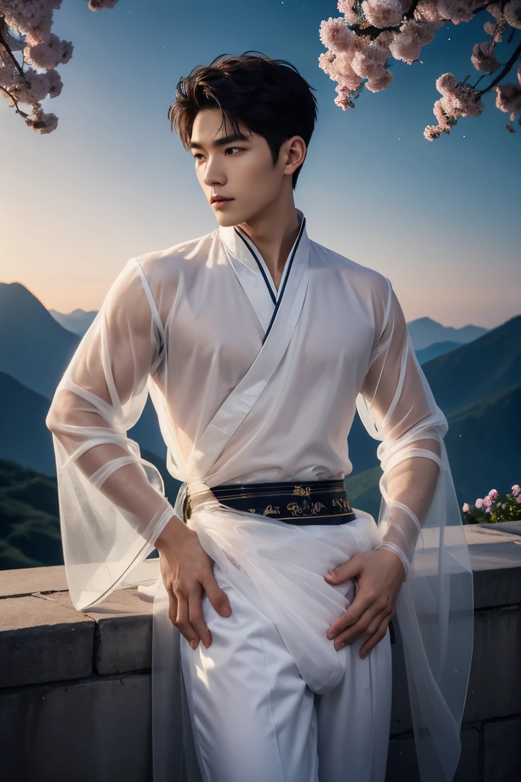 Handsome guy, 21 years old, Asian, master work, best picture quality, higher quality, high detail, super high resolution, 8k resolution, delicate facial features, detailed face, detailed eyes, detailed hands, boy, slim muscular body, large pecs, tattoos, short hair, hair details, Look away, look to the side, emphasize homosexuality and pay attention to every detail, open Hanfu transparent tulle jacket, wearing white transparent tulle pants, crotch bulge, night, starry sky, flying flowers. Waterfalls, mountains, circling dragons, Chinese courtyard background,