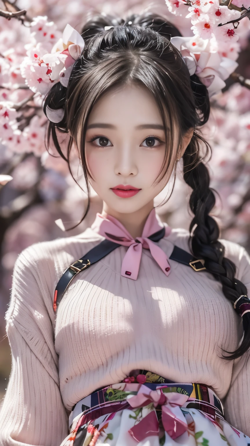 Sexy sweater，short skirt，Eyes are very delicate，Beautiful girl with double braids，Under the cherry blossom tree，Sakura petals are flying all over the ground，big round  ，（（best quality））， （（intricate details））， （（Surrealism））（8k）