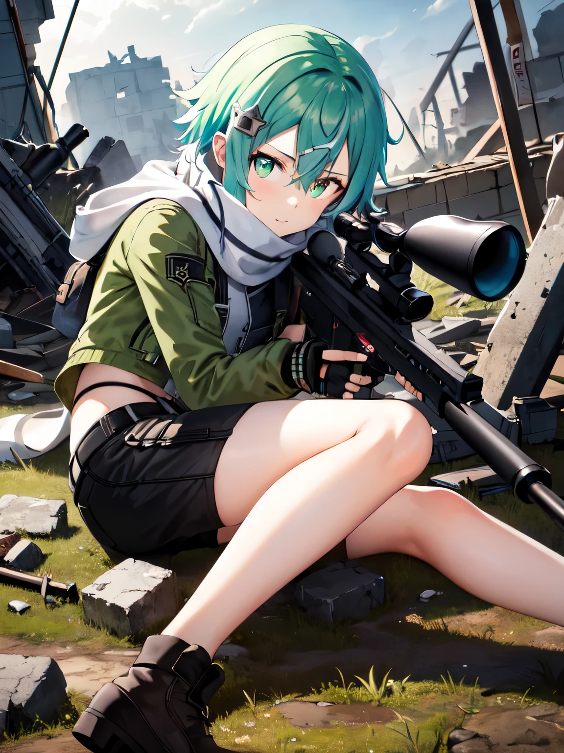 masterpiece, highest quality, High resolution, 1girl, sinon1, scarf, fingerless gloves, long sleeve, black shorts, hair ornaments, Barrette, green jacket, have a weapon, sniper rifle, ruins, Scope peeking＿lying down, （Sword Art Online）, look through the scope、 use a sniper, sniper rifleを持つ, look through the scope, sniper rifleのlook through the scope, photograph,, collapsed building, ruins、wilderness