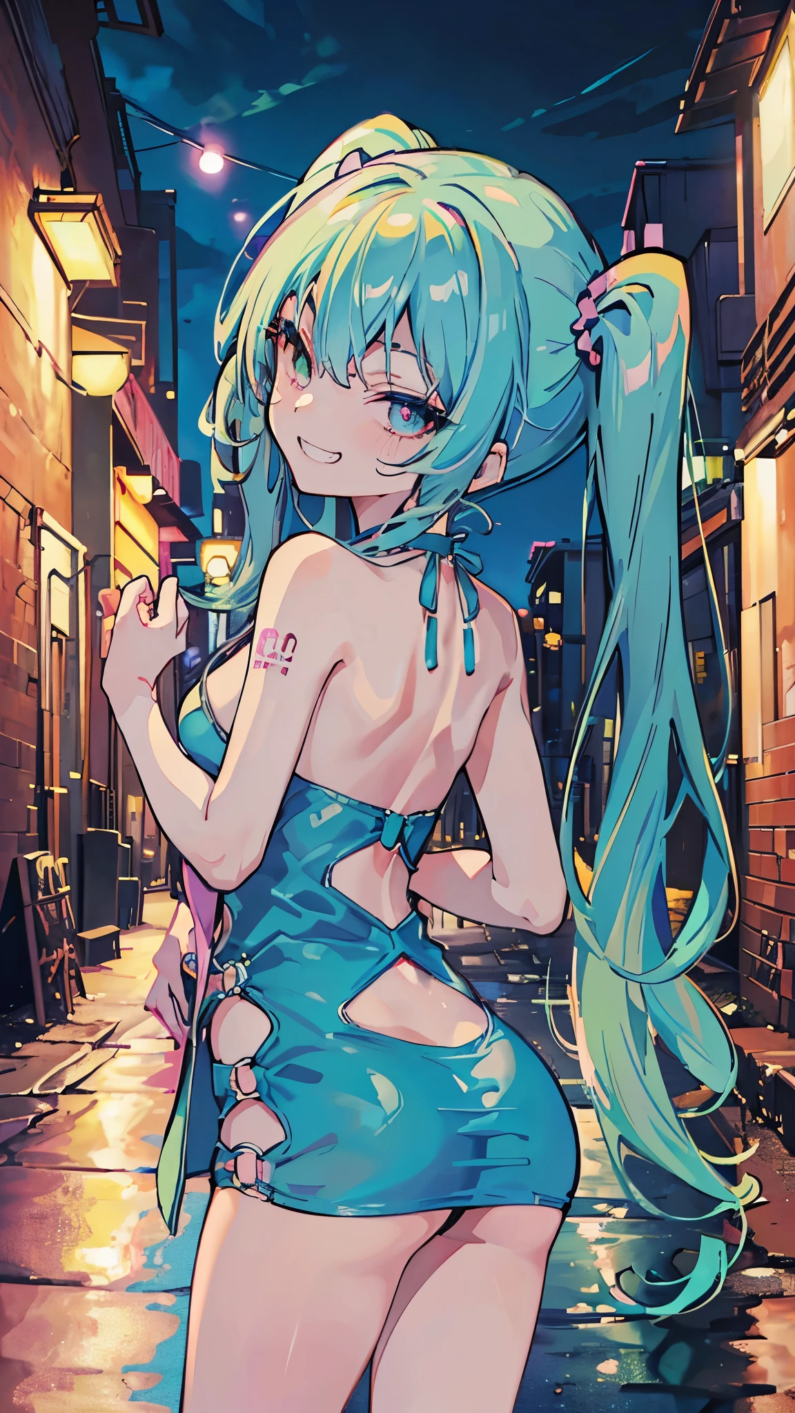 (8K、Highest image quality、highest quality、masterpiece)、detailed face、((one ))、mesugaki、blue greenhair、twintails、blue greeneye evil smile、((grin))、small breasts、((pink bodycon))、cowboy shot、((Back alley background at night))