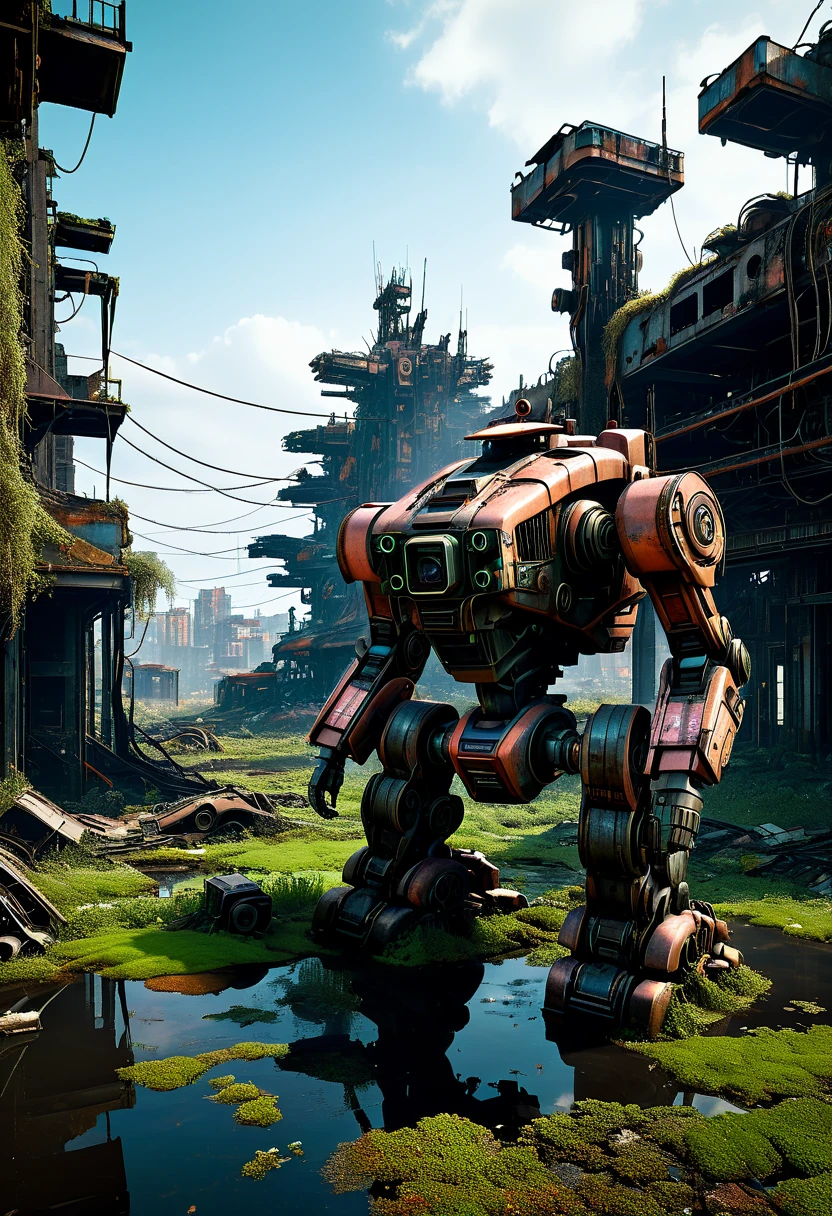 (full-body shot) , In a ruined city covered with vegetation，((1 Abandoned mechas, killer robots in the post-apocalyptic wasteland，Covered in rust，covered with moss，Standing alone in the middle of a pond filled with oil:1.8))。Ruined city restored after nuclear blast，The outlines of the oppressive buildings in the background are clearly visible。The mech is badly damaged，The surface is covered with oil stains and scratches。Its metal casing is rusty，wires exposed，Reminiscent of its glorious past。However，Now it&#39;s just an abandoned shell，Abandoned in this post-apocalyptic landscape。Photos in a super minimalist style，the abandoned city is rendered in soft orange-pink tones，Creates a super warm atmosphere。Film grain and root effects add a sense of texture and nostalgia to the image。The lens is dimmed，Pastel colors and crazy details create a hyper-detailed post-apocalyptic atmosphere。This feeling is further enhanced by the oppressive buildings in the background and the distant twilight scene。This ultra-professional landscape photo is a stunning portrayal of an abandoned city and derelict mechas，it tells a story about war、A story of destruction and the passage of time，(global illumination, Ray tracing, high dynamic range, Unreal rendering, Reasonable design, high detail, masterpiece, best quality, ultra high definition, light)，3d style