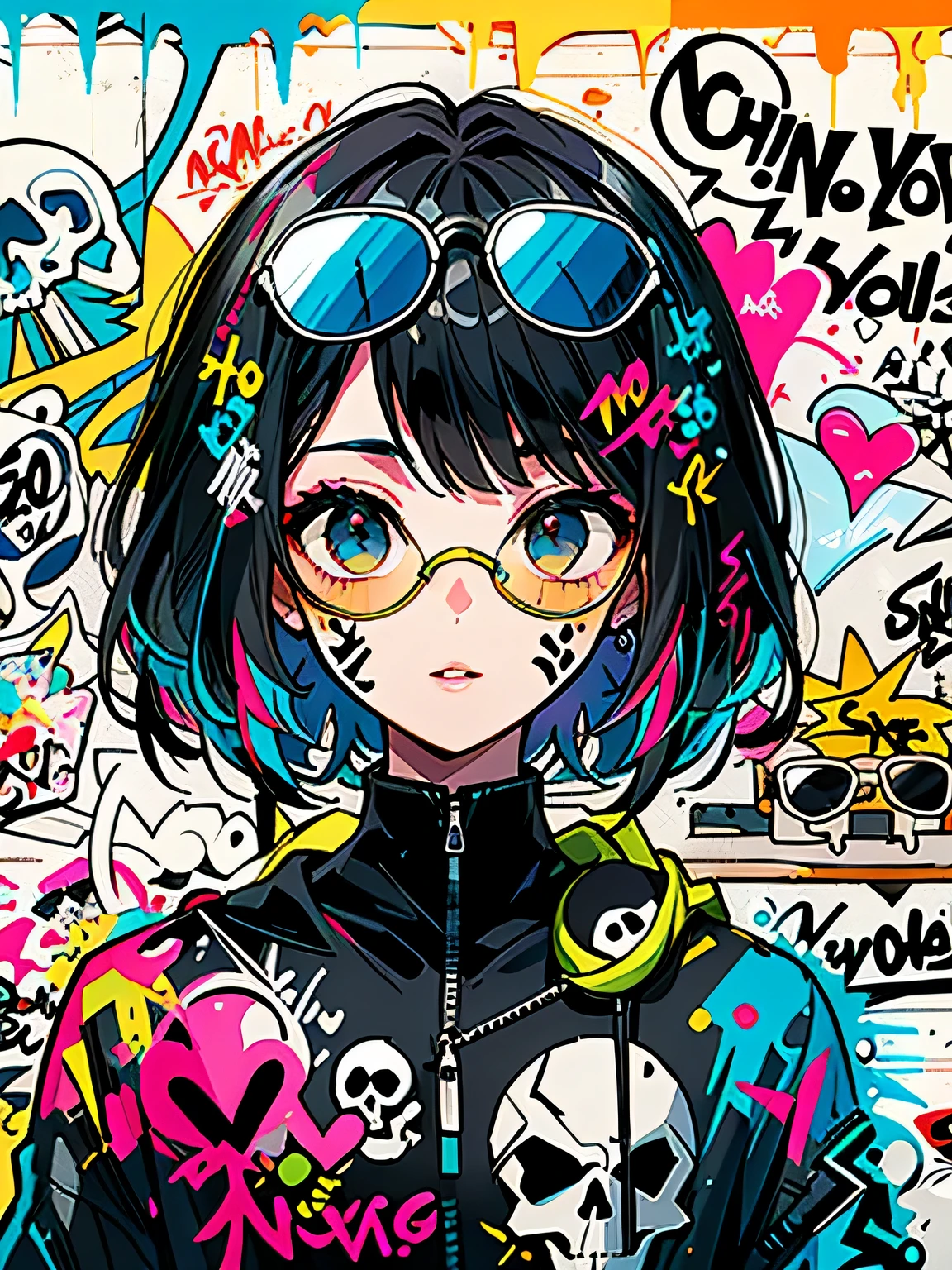 8K resolution、((highest quality))、((masterpiece))、((Super detailed))、1 female、alone、incredibly absurd、 (((most beautiful girl ever))), (((Stylish sunglasses))), lips in love, stylish cap,short cut hair、small breasts, ((skull(graffiti art wall))), colorful hair, provocative