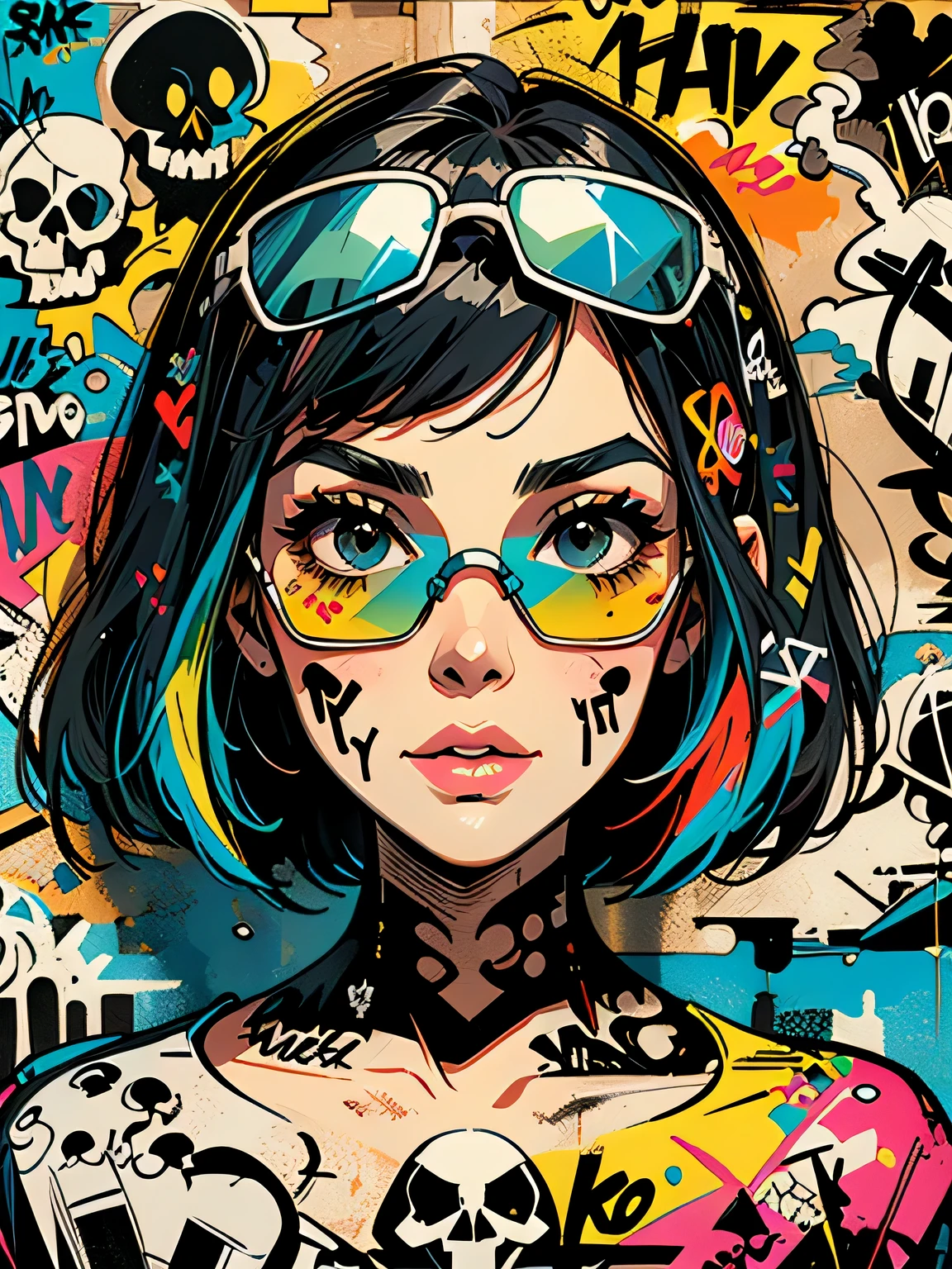 8K resolution、((highest quality))、((masterpiece))、((Super detailed))、1 female、alone、incredibly absurd、 (((most beautiful girl ever))), (((Stylish sunglasses))), lips in love, stylish cap,short cut hair、small breasts, ((skull(graffiti art wall))), colorful hair, provocative