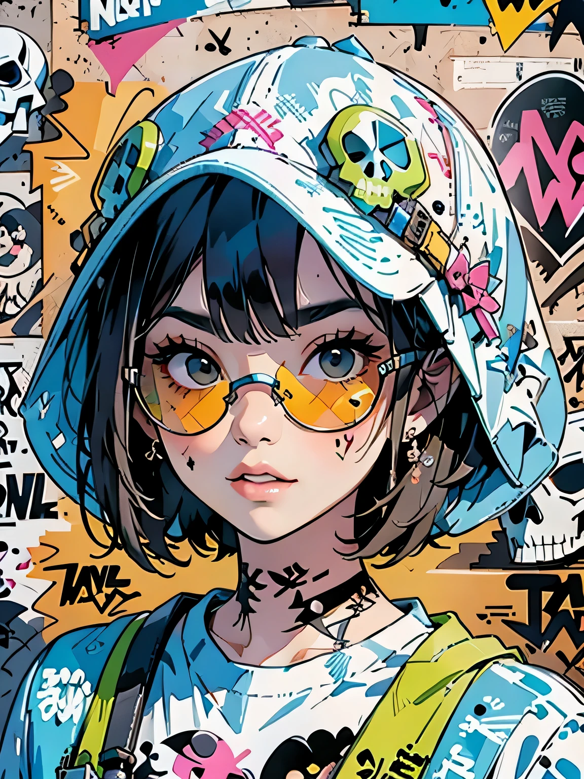 8K resolution、((highest quality))、((masterpiece))、((Super detailed))、1 female、alone、incredibly absurd、 (((most beautiful girl ever))), (((Stylish sunglasses))), lips in love, stylish cap,short cut hair、small breasts, ((skull(graffiti art wall))), colorful hair, provocative