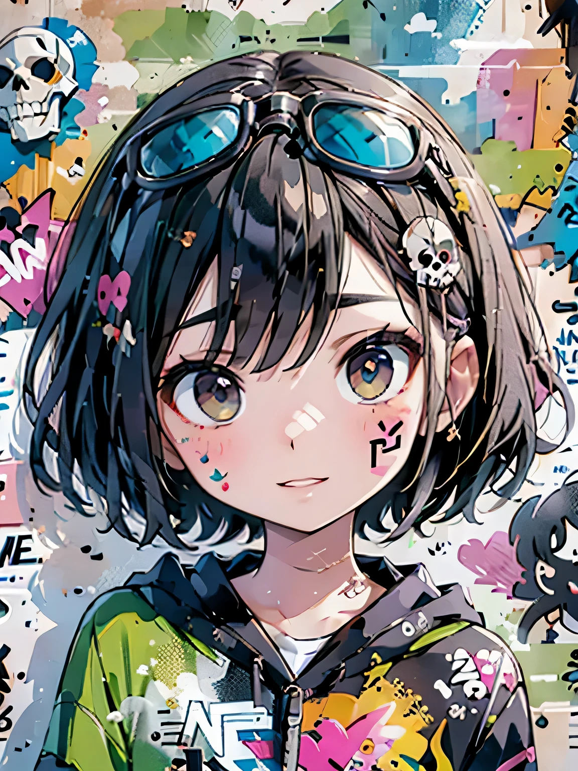 8K resolution、((highest quality))、((masterpiece))、((Super detailed))、1 female、(((Little)))、incredibly absurd、 (((most beautiful girl ever))), (((Stylish sunglasses))), lips in love, stylish cap,short cut hair、small breasts, ((skull(graffiti art wall))), colorful hair, provocative