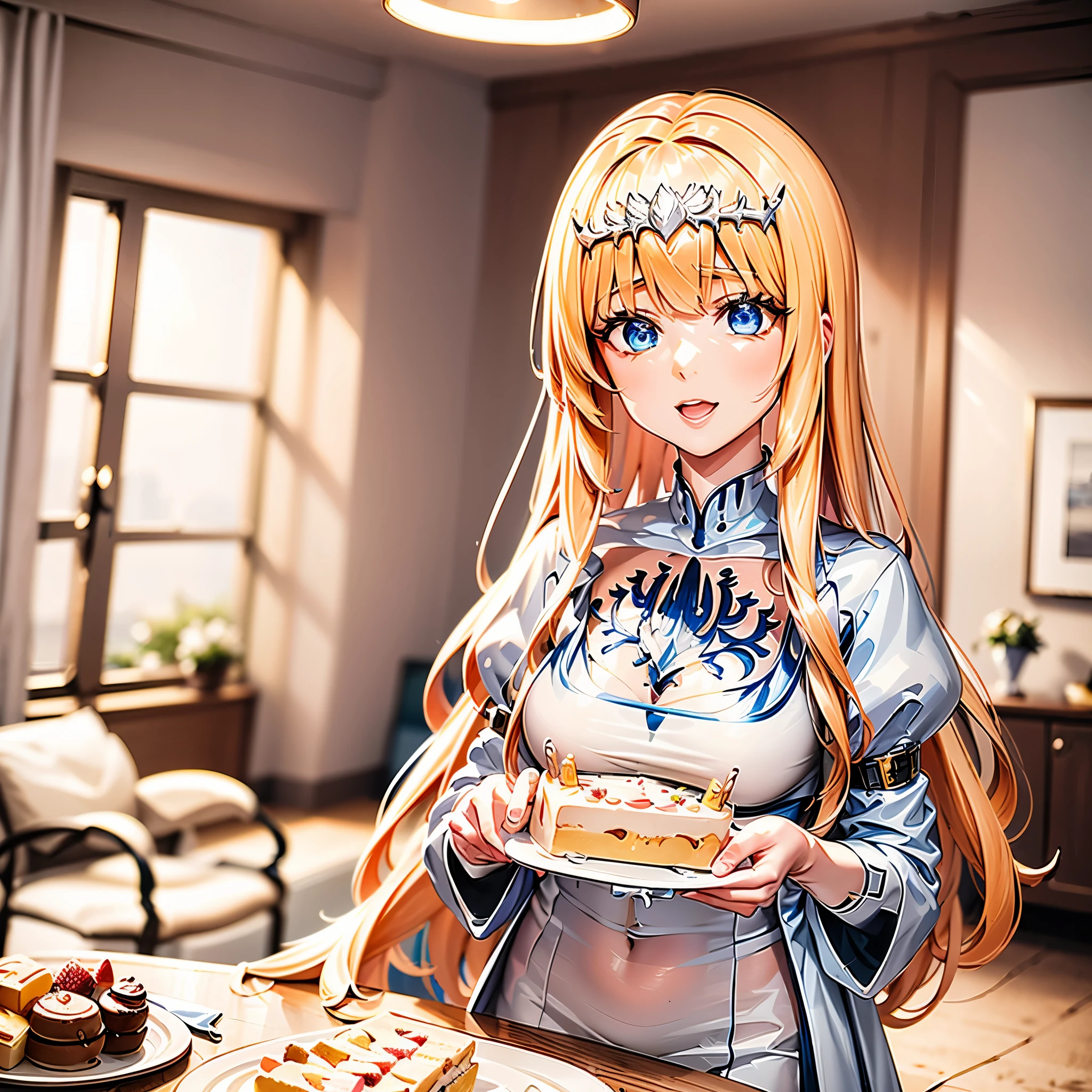 a cute girl ,(holding a birthday cake),(domineering lighting),(soft focus filter),(depth of field):(cute girl:1.2),(birthday cake:1.4).  1girl, Calca, blonde hair, extremely long hair, white tiara, tiara on her head, white dress, blue eyes, medium breasts