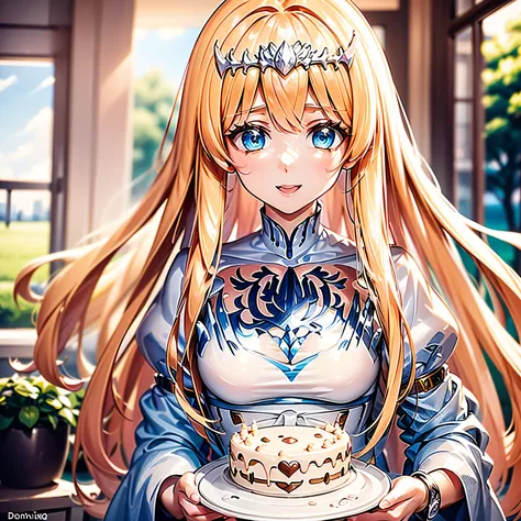 a cute girl ,(holding a birthday cake),(domineering lighting),(soft focus filter),(depth of field):(cute girl:1.2),(birthday cake:1.4).  1girl, Calca, blonde hair, extremely long hair, white tiara, tiara on her head, white dress, blue eyes, medium breasts