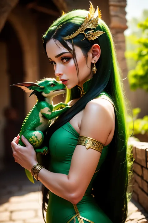 Deynesis with a real little dragon on her shoulder. a small dragon with large green wings and a long tail, Deinesis and two smal...