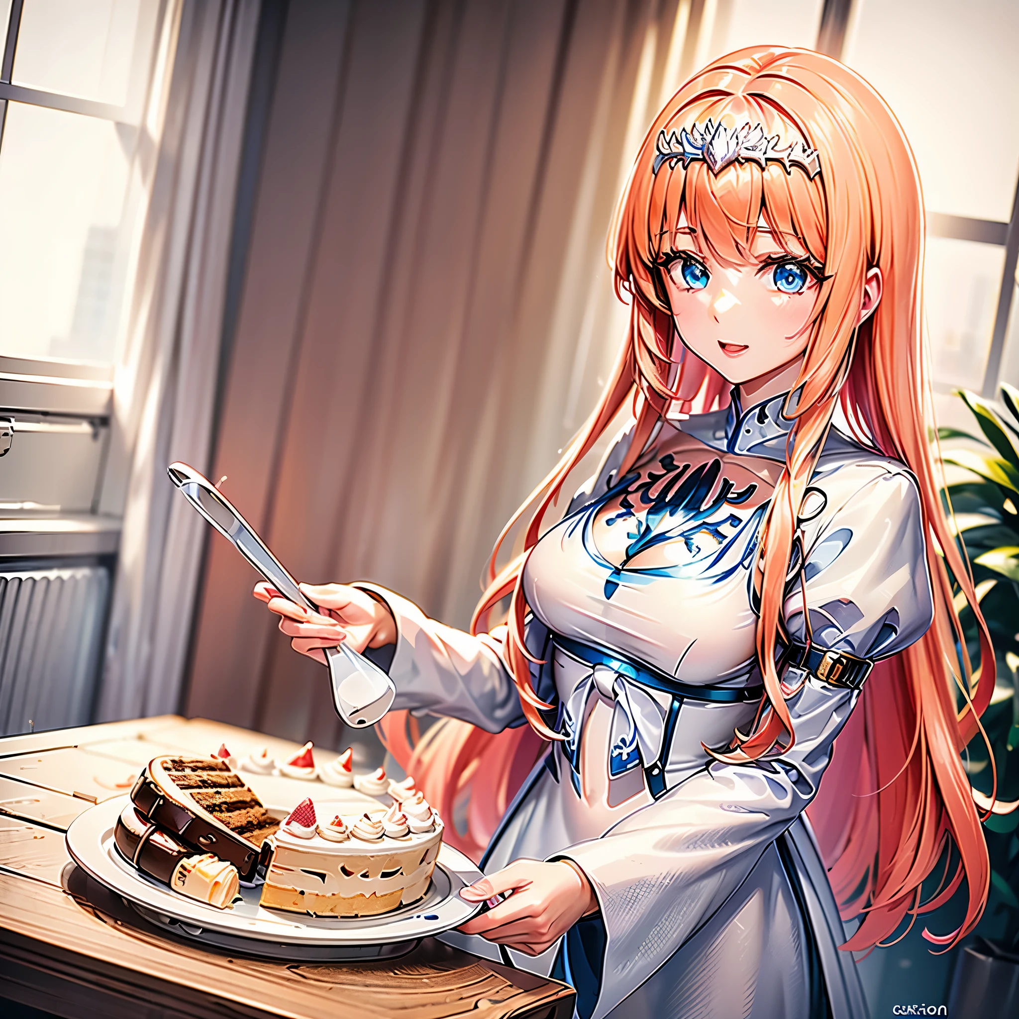 a cute girl ,(holding a birthday cake),(domineering lighting),(soft focus filter),(depth of field):(cute girl:1.2),(birthday cake:1.4).  1girl, Calca, blonde hair, extremely long hair, white tiara, tiara on her head, white dress, blue eyes, medium breasts