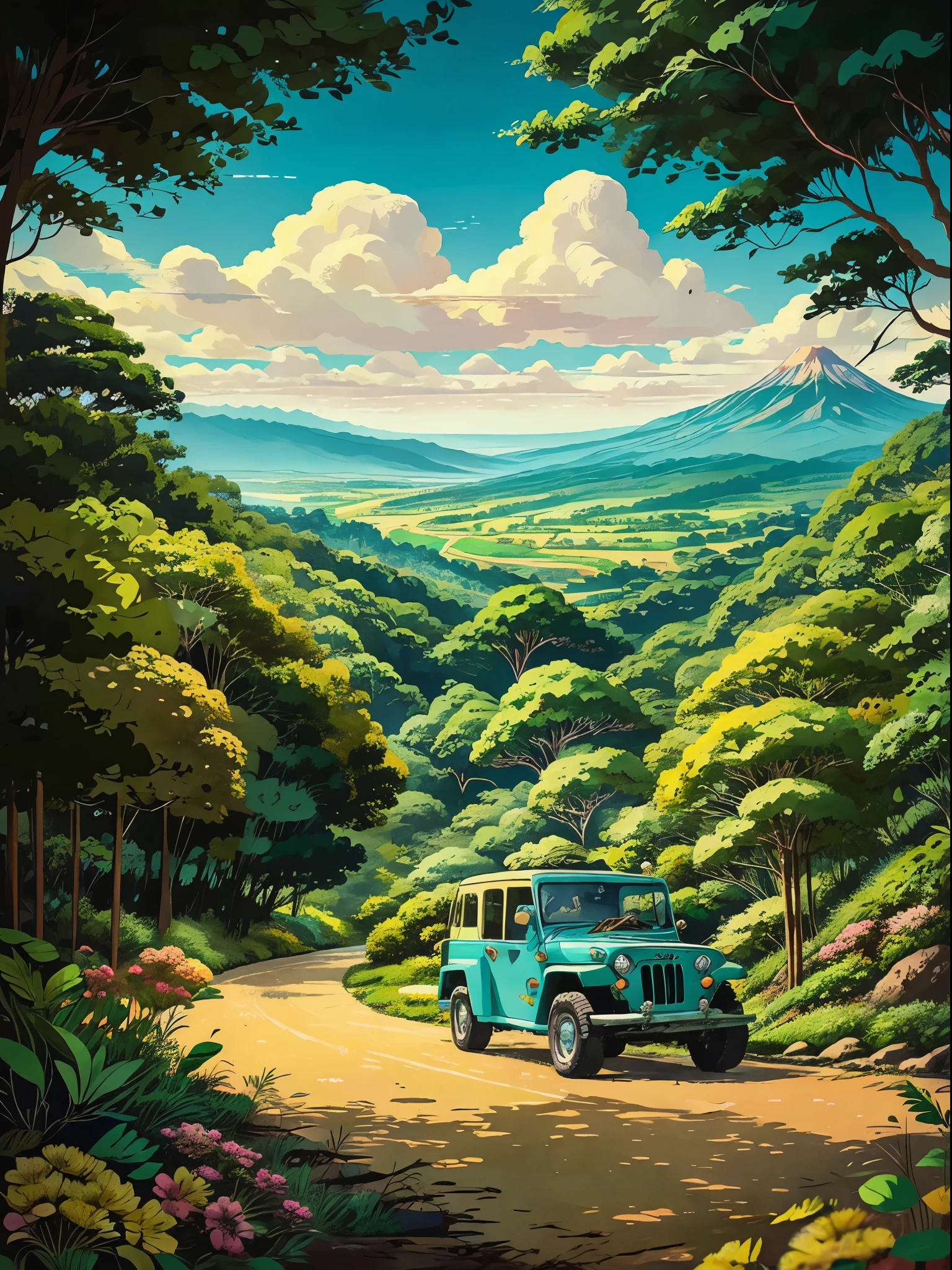 Um comovente anime retrô inspirado em um detalhe de jipe willys com fundo de belas florestas tropicais, campo de arroz à distância e coqueiro, estilo do Studio Ghibli e Hayao Miyazaki