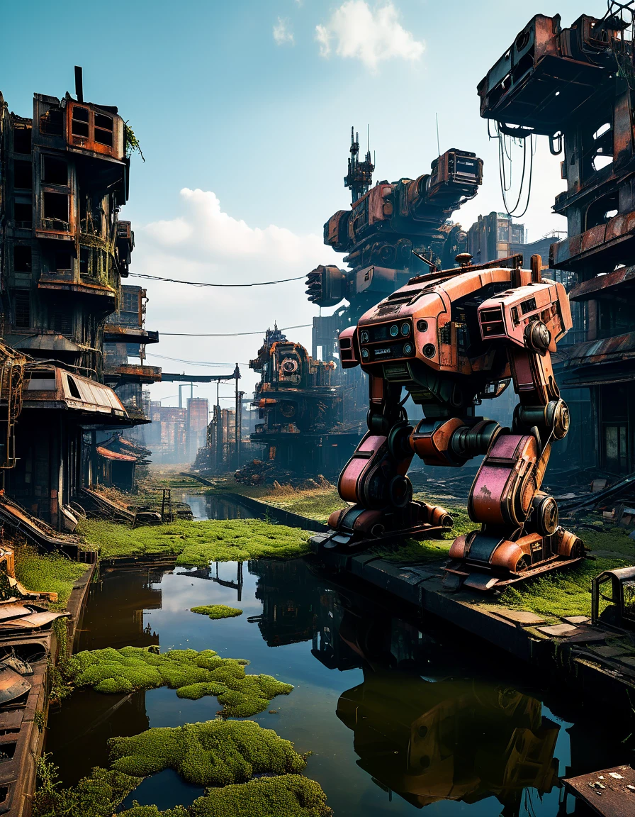 (full-body shot) , In a ruined city covered with vegetation，((1 Abandoned mechas, killer robots in the post-apocalyptic wasteland，Covered in rust and covered with moss, it stands alone in the middle of a pond filled with oil.:1.8))。Ruined city restored after nuclear blast，The outlines of the oppressive buildings in the background are clearly visible。((The mecha was severely damaged, with oil stains and scratches covering its surface.Its metal casing is rusty and its wires are exposed))，Reminiscent of its glorious past。However，Now it&#39;s just an abandoned shell，Abandoned in this post-apocalyptic landscape。Photos in a super minimalist style，the abandoned city is rendered in soft orange-pink tones，Creates a super warm atmosphere。Film grain and root effects add a sense of texture and nostalgia to the image。The lens is dimmed，Pastel colors and crazy details create a hyper-detailed post-apocalyptic atmosphere。This feeling is further enhanced by the oppressive buildings in the background and the distant twilight scene。This ultra-professional landscape photo is a stunning portrayal of an abandoned city and derelict mechas，it tells a story about war、A story of destruction and the passage of time，(global illumination, Ray tracing, high dynamic range, Unreal rendering, Reasonable design, high detail, masterpiece, best quality, ultra high definition, light)，3d style