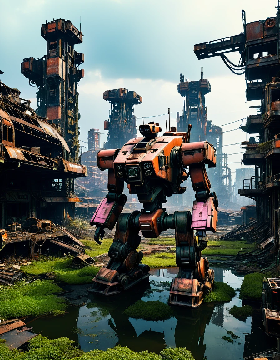 (full-body shot) , In a ruined city covered with vegetation，((1 Abandoned mechas, killer robots in the post-apocalyptic wasteland，Covered in rust and covered with moss, it stands alone in the middle of a pond filled with oil.:1.8))。Ruined city restored after nuclear blast，The outlines of the oppressive buildings in the background are clearly visible。((The mecha was severely damaged, with oil stains and scratches covering its surface.Its metal casing is rusty and its wires are exposed))，Reminiscent of its glorious past。However，Now it&#39;s just an abandoned shell，Abandoned in this post-apocalyptic landscape。Photos in a super minimalist style，the abandoned city is rendered in soft orange-pink tones，Creates a super warm atmosphere。Film grain and root effects add a sense of texture and nostalgia to the image。The lens is dimmed，Pastel colors and crazy details create a hyper-detailed post-apocalyptic atmosphere。This feeling is further enhanced by the oppressive buildings in the background and the distant twilight scene。This ultra-professional landscape photo is a stunning portrayal of an abandoned city and derelict mechas，it tells a story about war、A story of destruction and the passage of time，(global illumination, Ray tracing, high dynamic range, Unreal rendering, Reasonable design, high detail, masterpiece, best quality, ultra high definition, light)，3d style