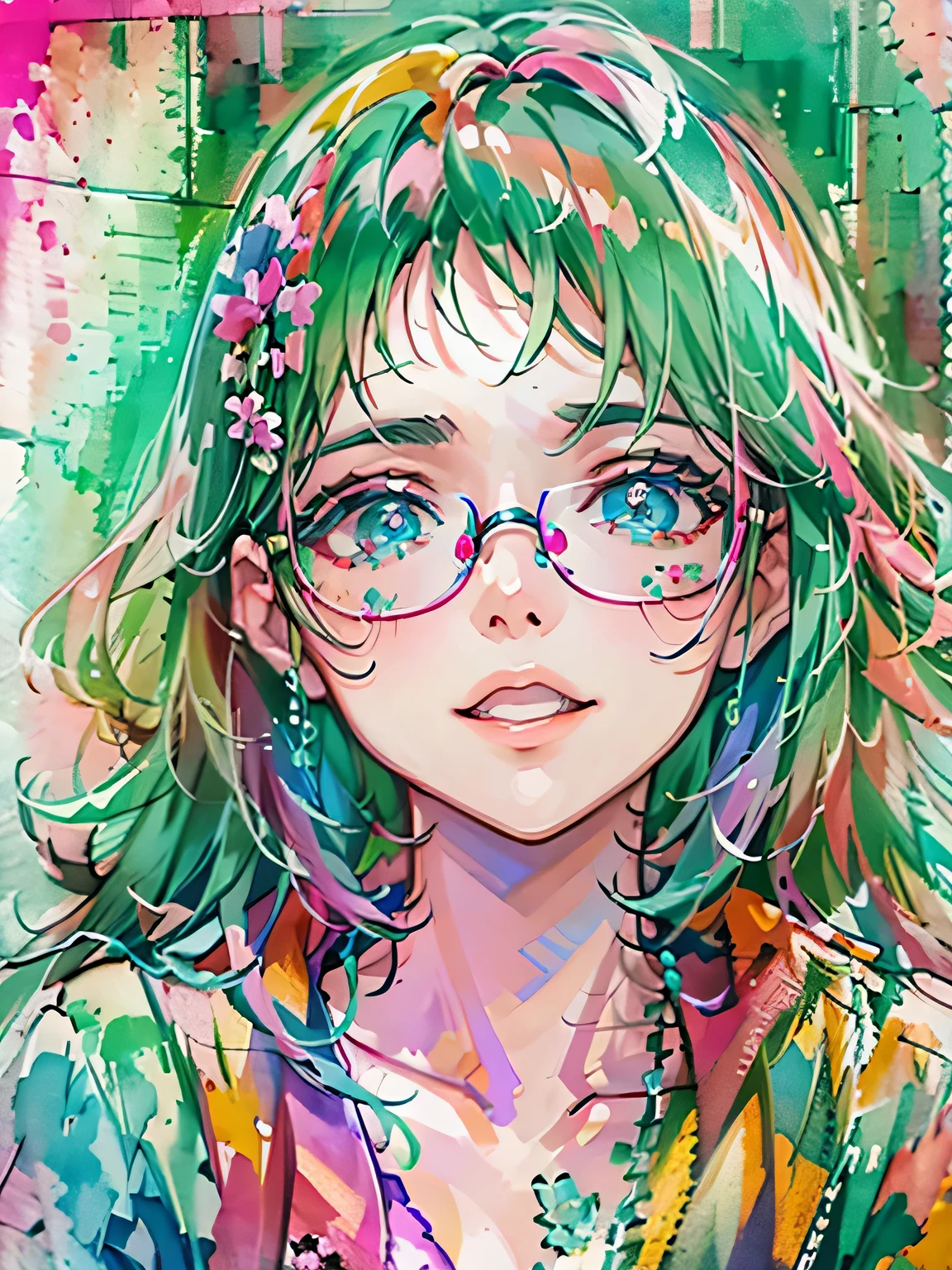 watercolor painting, 8K resolution、((highest quality))、((masterpiece))、((Super detailed))、1 female、alone、((incredibly absurd))、 (((most beautiful girl ever))), (((stylish glasses))), lips in love, skull fashion、neon、small breasts, (((skull doodle art))), colorful hair, provocative