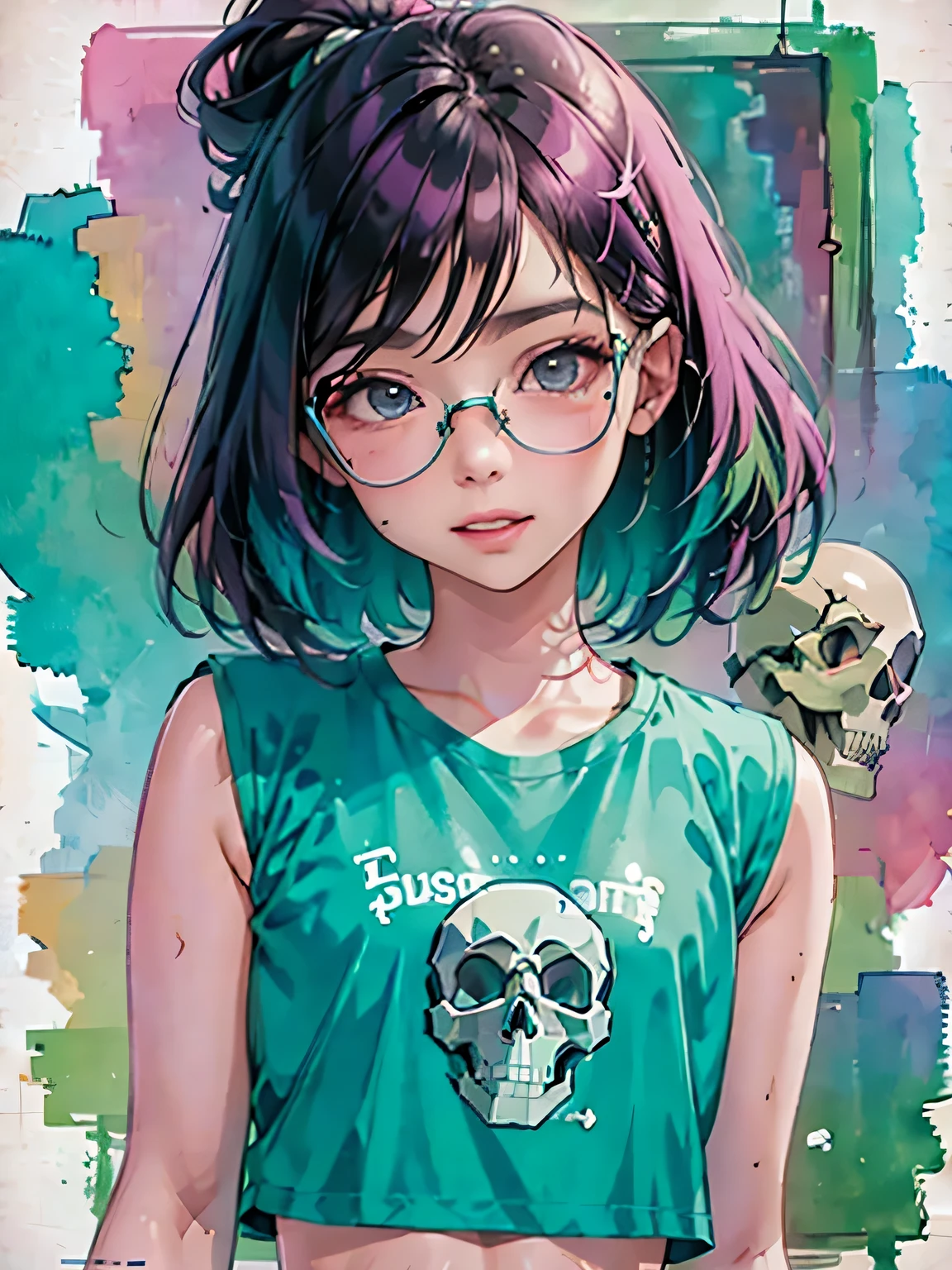 watercolor painting, 8K resolution、((highest quality))、((masterpiece))、((Super detailed))、1 female、alone、((incredibly absurd))、 (((most beautiful girl ever))), (stylish glasses), lips in love, ((skull fashion))、neon、small breasts, (((skull doodle art))), colorful hair, provocative