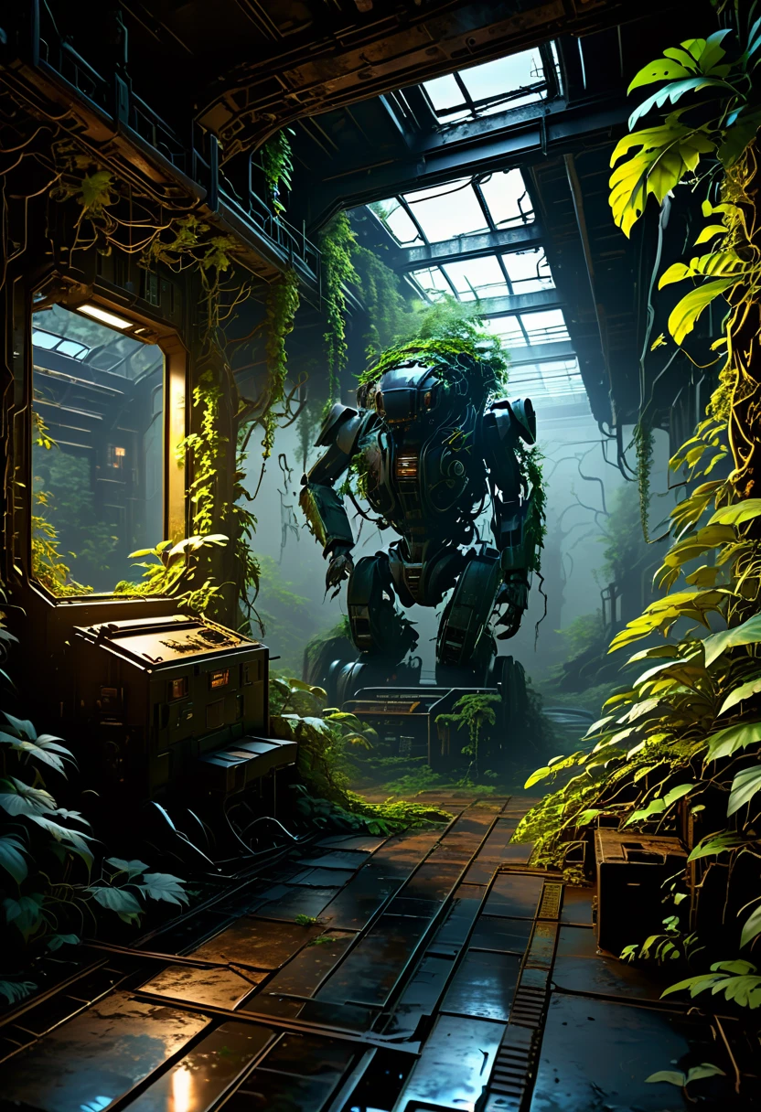 An abandoned mech,rusty,overgrown with vines,fading paint,dilapidated condition,ominous aura,dark and eerie,post-apocalyptic scenery,wildlife reclaiming the space,detail excellence,masterpiece:1.2,ultra-detailed,realistic:1.37,HDR,UHD,studio lighting,sharp focus,professional,desolate atmosphere,sci-fi concept,ominous color palette,mysterious shadows,evocative lighting.