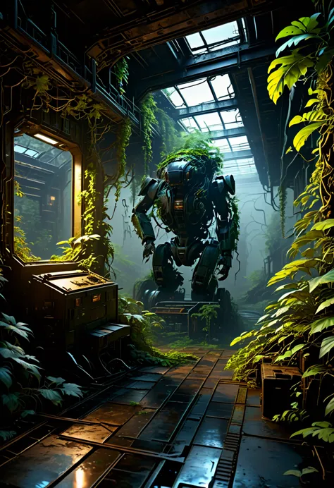 An abandoned mech,rusty,overgrown with vines,fading paint,dilapidated condition,ominous aura,dark and eerie,post-apocalyptic sce...