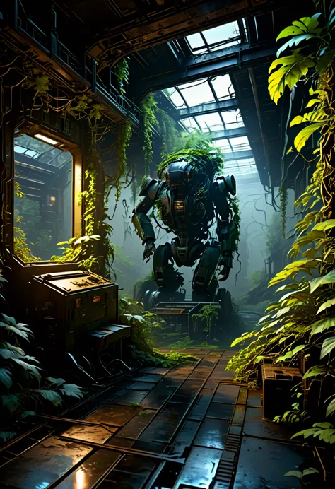 an abandoned mech,rusty,overgrown with vines,fading paint,dilapidated condition,ominous aura,dark and eerie,post-apocalyptic sce...