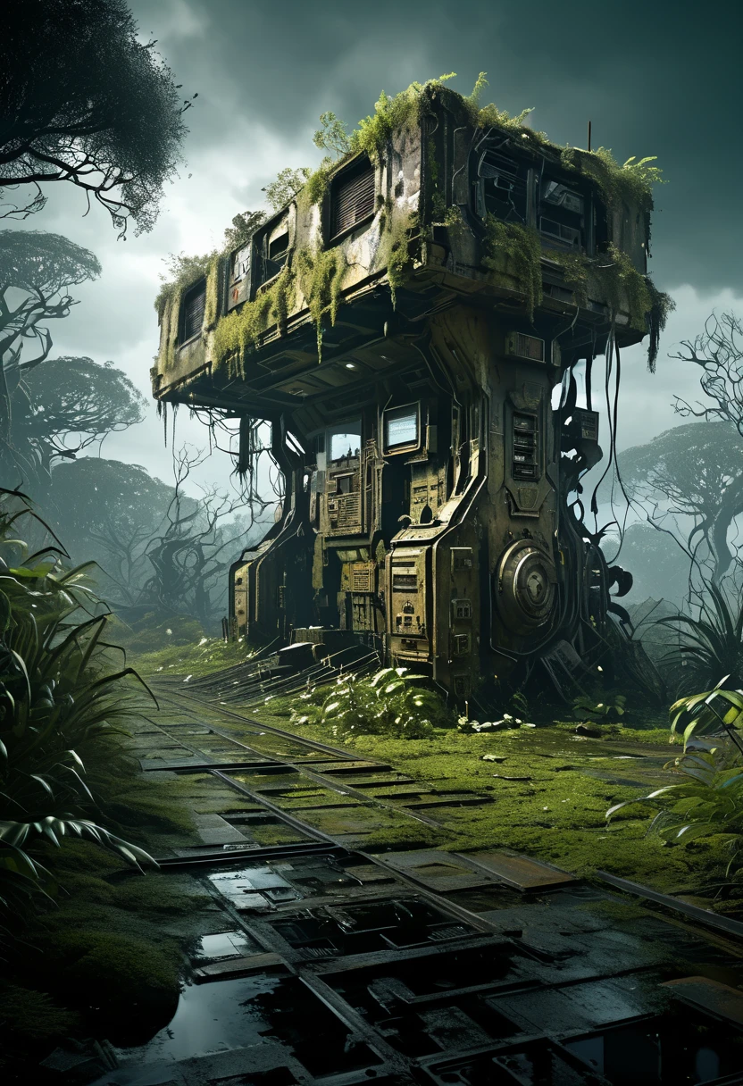 An abandoned mech,ancient ruin,overgrown with plants,dramatic lighting,highres,ultra-detailed,post-apocalyptic,sci-fi,weathered metal,creeping vegetation,moss-covered,wild vines,collapsed structure,mysterious atmosphere,deep shadows,corroded surfaces,cracked glass shards,leaking hydraulics,abandoned control panel,dusty cockpit,eerie silence,overcast sky,ominous storm clouds,ruined cityscape,dystopian landscape,fading colors,decaying technology,lost civilization,desolate wasteland,ghostly presence,distant echoes of past battles,sense of abandonment,engulfed by nature,haunting and surreal.