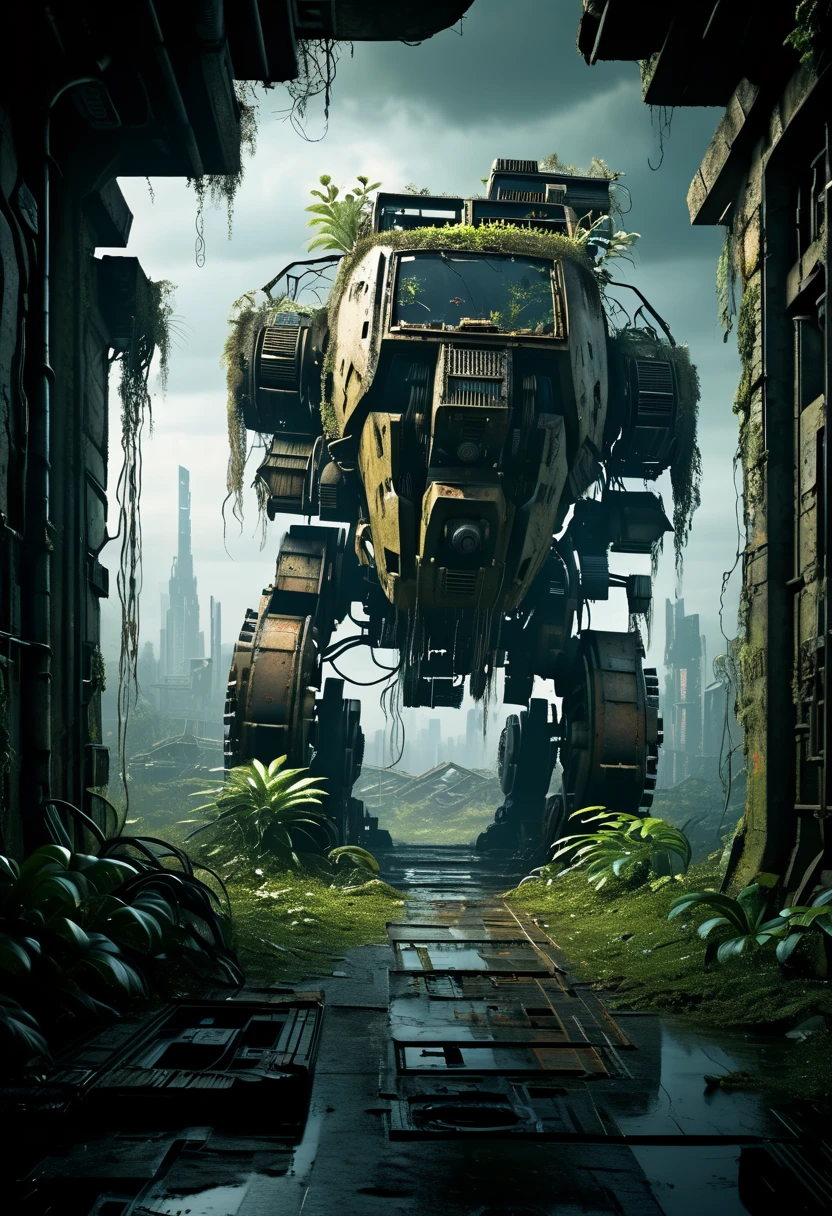 An abandoned mech,ancient ruin,overgrown with plants,dramatic lighting,highres,ultra-detailed,post-apocalyptic,sci-fi,weathered metal,creeping vegetation,moss-covered,wild vines,collapsed structure,mysterious atmosphere,deep shadows,corroded surfaces,cracked glass shards,leaking hydraulics,abandoned control panel,dusty cockpit,eerie silence,overcast sky,ominous storm clouds,ruined cityscape,dystopian landscape,fading colors,decaying technology,lost civilization,desolate wasteland,ghostly presence,distant echoes of past battles,sense of abandonment,engulfed by nature,haunting and surreal.