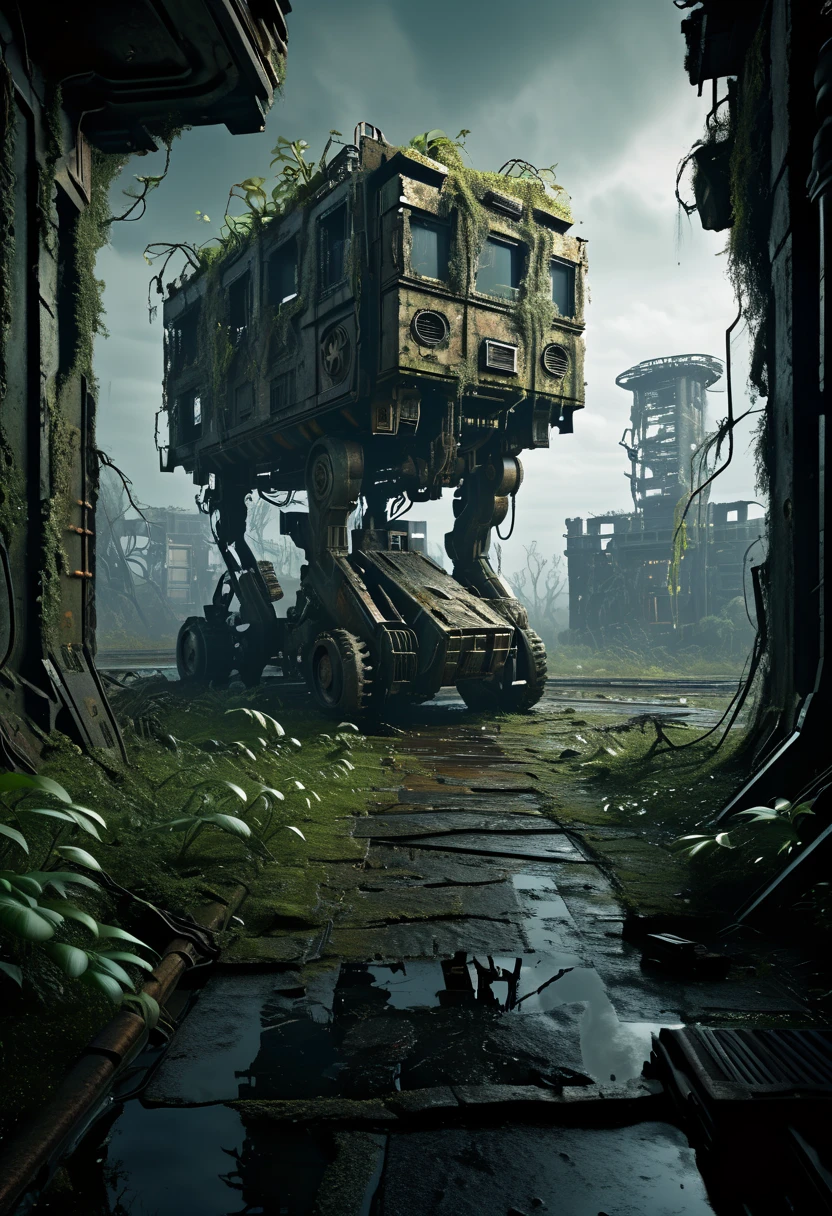 An abandoned mech,ancient ruin,overgrown with plants,dramatic lighting,highres,ultra-detailed,post-apocalyptic,sci-fi,weathered metal,creeping vegetation,moss-covered,wild vines,collapsed structure,mysterious atmosphere,deep shadows,corroded surfaces,cracked glass shards,leaking hydraulics,abandoned control panel,dusty cockpit,eerie silence,overcast sky,ominous storm clouds,ruined cityscape,dystopian landscape,fading colors,decaying technology,lost civilization,desolate wasteland,ghostly presence,distant echoes of past battles,sense of abandonment,engulfed by nature,haunting and surreal.