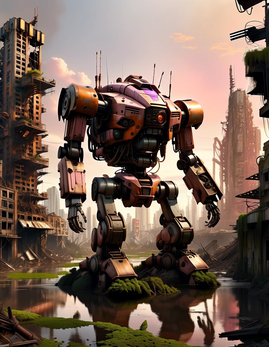 (full-body shot) , In a ruined city covered with vegetation，((1 Abandoned mechas, killer robots in the post-apocalyptic wasteland，Covered in rust and covered with moss, it stands alone in the middle of a pond filled with oil.:1.8))。Ruined city restored after nuclear blast，The outlines of the oppressive buildings in the background are clearly visible。((The mecha was severely damaged, with oil stains and scratches covering its surface.Its metal casing is rusty and its wires are exposed))，Reminiscent of its glorious past。However，Now it&#39;s just an abandoned shell，Abandoned in this post-apocalyptic landscape。Photos in a super minimalist style，the abandoned city is rendered in soft orange-pink tones，Creates a super warm atmosphere。Film grain and root effects add a sense of texture and nostalgia to the image。The lens is dimmed，Pastel colors and crazy details create a hyper-detailed post-apocalyptic atmosphere。This feeling is further enhanced by the oppressive buildings in the background and the distant twilight scene。This ultra-professional landscape photo is a stunning portrayal of an abandoned city and derelict mechas，it tells a story about war、A story of destruction and the passage of time，(global illumination, Ray tracing, high dynamic range, Unreal rendering, Reasonable design, high detail, masterpiece, best quality, ultra high definition, light)，3d style