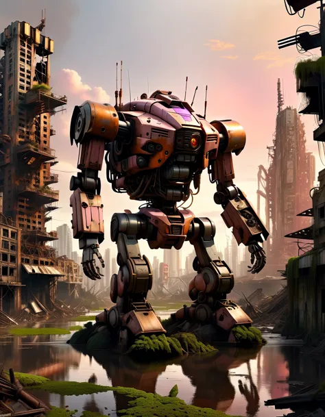 (full-body shot) , In a ruined city covered with vegetation，((1 Abandoned mechas, killer robots in the post-apocalyptic wastelan...