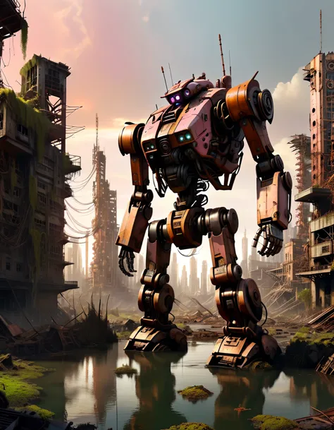 (full-body shot) , In a ruined city covered with vegetation，((1 Abandoned mechas, killer robots in the post-apocalyptic wastelan...