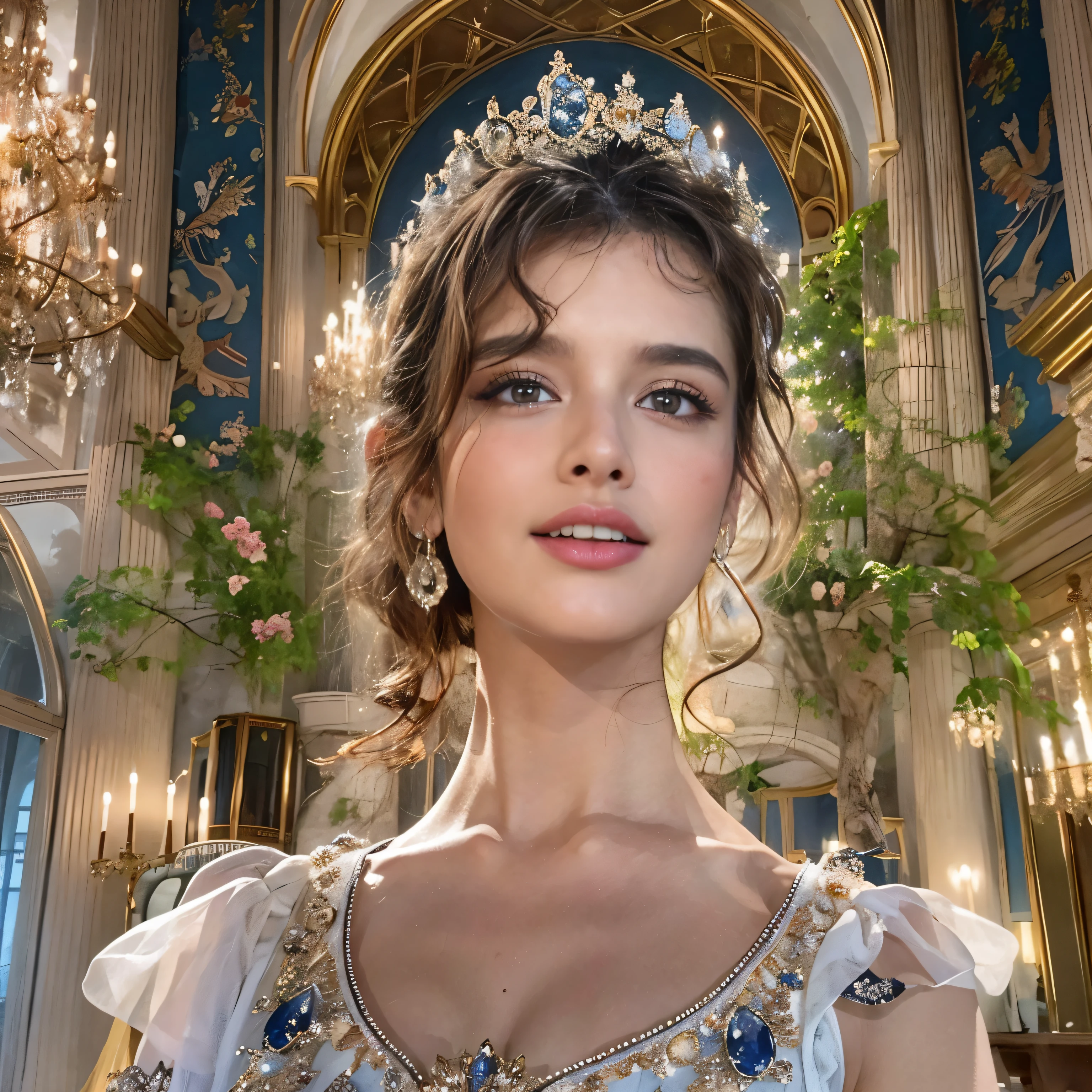 Dans la splendeur d&#39;un magnifique palais, Une princesse vêtue d&#39;une robe de cour pose avec un sourire séduisant. Sa robe de princesse a des volants en cascade complexes. Scintille sous la lumière comme un film, Expression délicate de chaque fil et couche. La jolie jupe de sa robe balaie le sol, Décoré de fleurs élégantes tenues à la main.

sa coiffure bouclée romaine, ça me rappelle une reine, Cascade sur le dos, former une composition maximaliste. des mèches de cheveux encadrent son visage, se rencontrer entre les sourcils, Frange délicate sortant du côté. lustre en cristal au-dessus, sourcils relativement épais, (beaux yeux saphir détaillés:1.2), Belle peau blanche comme de la porcelaine, Garder les yeux fermement fixés sur le spectateur, maquillage naturel