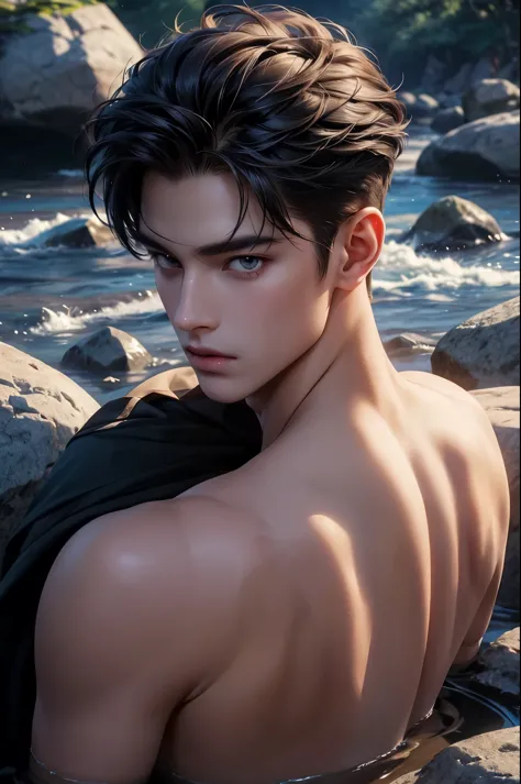 ((Best quality)), ((masterpiece)), (detailed), ((perfect face)), ((halfbody)) handsome face, male, teen boy,  perfect proportions , colorful vibe ((perfect face))arafed male model in a stylish trunks sitting on a rock, by Yang J, yanjun chengt, by Yang Jin...