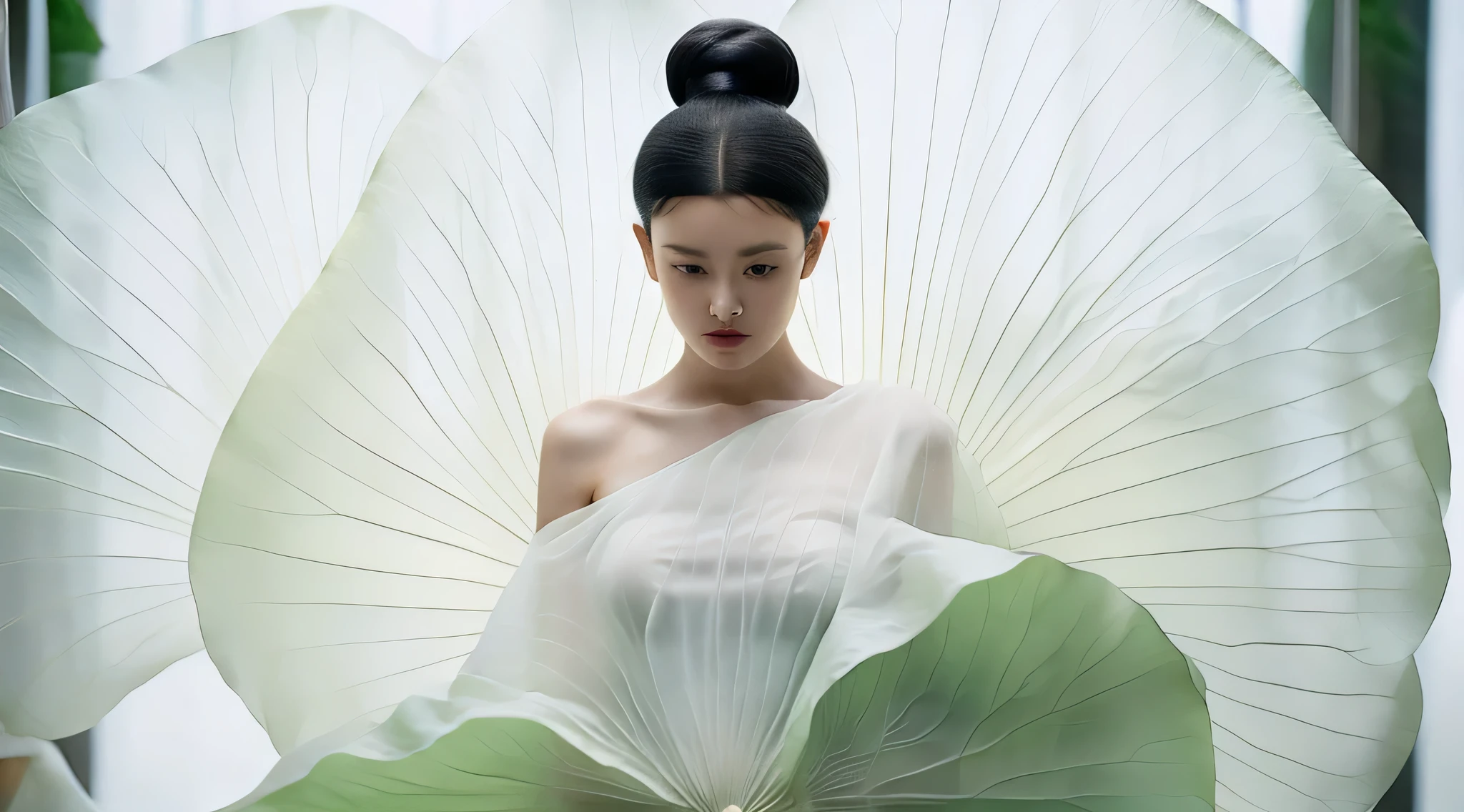 girl, solo, giant ruffles, black hair, dress, looking at audience, white dress, bun, standing, single bun, leaves, long sleeves, red lips, realistic