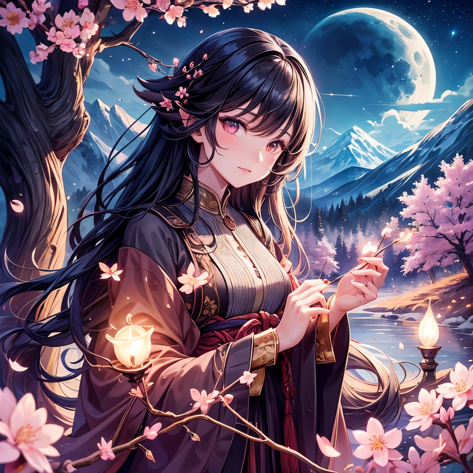 masterpiece, best quality, night, mountain, full moon, long black hair, woman, firefly, stars, mysterious cherry blossom tree, pink leaves, high quality, beautiful graphics, high detail