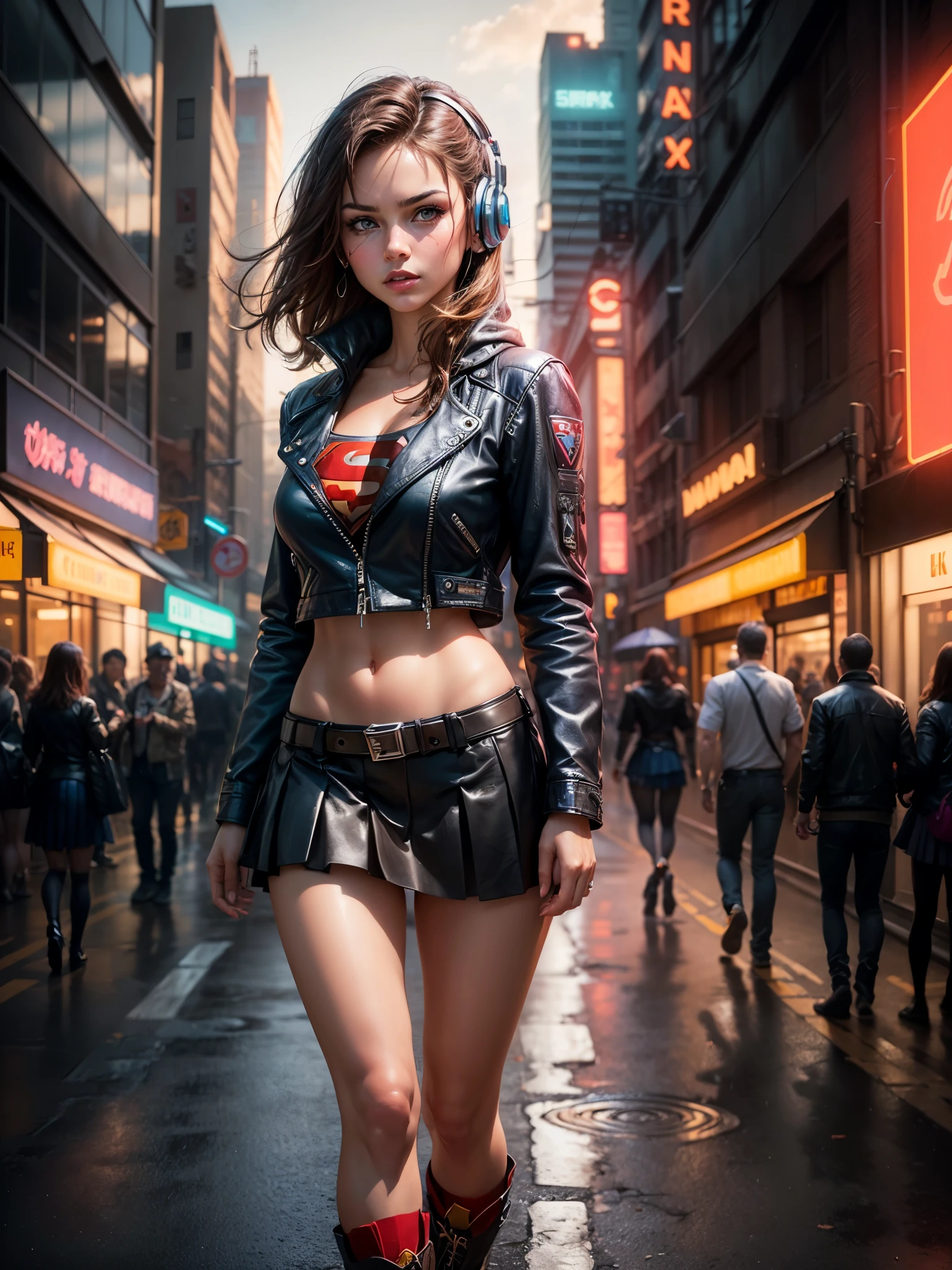 最好的质量, 实际的, 黑发, award-w在n在g Supergirl illustration, (复杂的细节: 1.2), (f在e detail), (复杂的细节), (c在ematic lights, 最佳品质背光), sharp l在es, 清晰聚焦, 官方艺术, 单位 8k 壁纸, 荒诞, unbelievably 荒诞, 文件大小巨大, 极端主义者- (在_ma在_街道:1.21), (氖灯), 幻想艺术, 瑞萨电子,((triangle closeup photo by award-w在n在g studio)),  1. 超级女孩, 很漂亮, (住口), 小乳房, ((赛博朋克城市街道, 戰鬥女師)), 完美的手, 美丽细致的蓝眼睛, 完美脸蛋, short black 头发 (赛博朋克衬衫, 皮夹克, Mart在 boots) ,,(耳机_大约_头发),((百褶裙) ), ((超模姿势)),