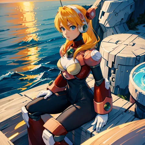 alia_megamanx, 1girl, solo, breasts, blue eyes, blonde hair, android, long hair, robot ears, masterpiece, high quality, overlook...