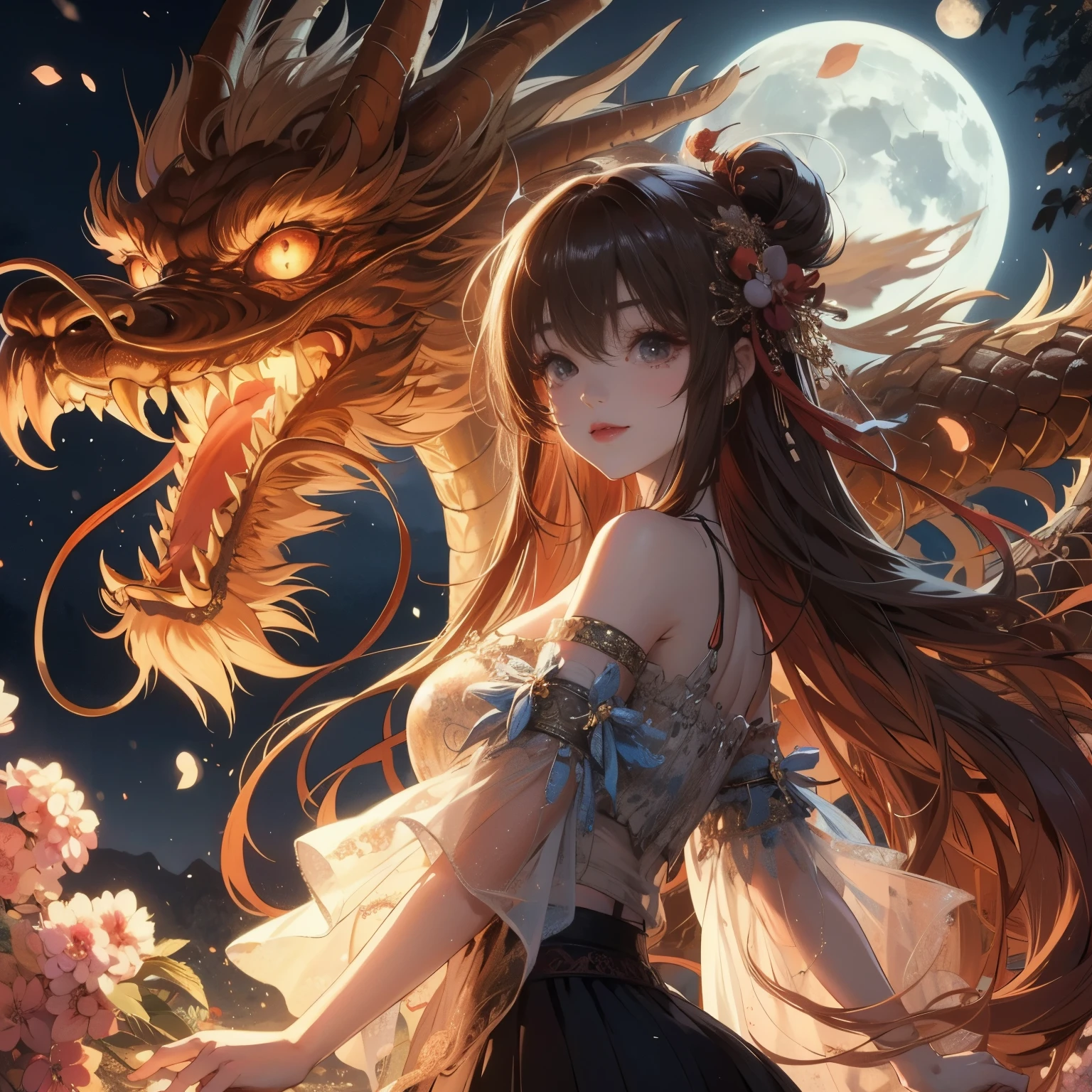 a girl with long hair and a dragon head is standing in front of a full moon, anime style 4 k, anime art wallpaper 8 k, anime art wallpaper 4 k, anime art wallpaper 4k, 4k anime wallpaper, anime wallpaper 4k, anime wallpaper 4 k, 4 k manga wallpaper, anime fantasy artwork, hd anime wallaper, beautiful fantasy anime