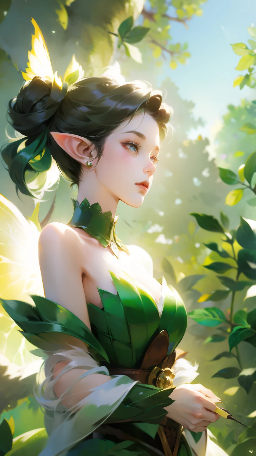 Wearing green and black clothing、Anime girl with wings and green background, Elf character, Fairy, forest Fairy, Insect trainer girl, brunette elf with Fairy wings, Elf, Cute 3D anime girl rendering, April rendering, Fairy dance, Dynamic sense
