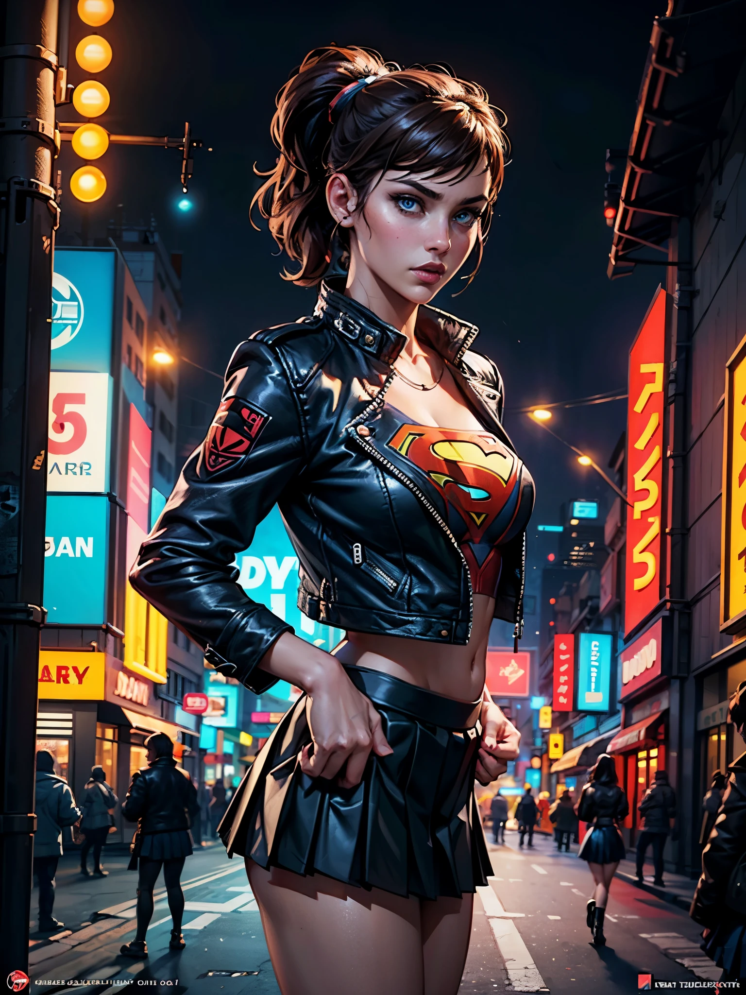 Best quality, realistic, brunette, award-winning Supergirl illustration, (complicated detail: 1.2), (fine detail), (complicated detail), (cinematic lights, best quality backlight), sharp lines, sharp focus, official art, unit 8k wallpaper, absurd, unbelievably absurd, huge file size, ultra- (in_main_street:1.21), (neon lamp), fantasy art, rtx,((triangle closeup photo by award-winning studio)),  1Supergirl, very pretty, (shut up), small breasts, ((Cyberpunk city Street, Battle Maiden)), perfect hands, beautiful detailed blue eyes, Perfect Face, short black hair (Cyberpunk blouse, leather jacket,  ,,((pleated skirt) ), ((supermodel pose)),