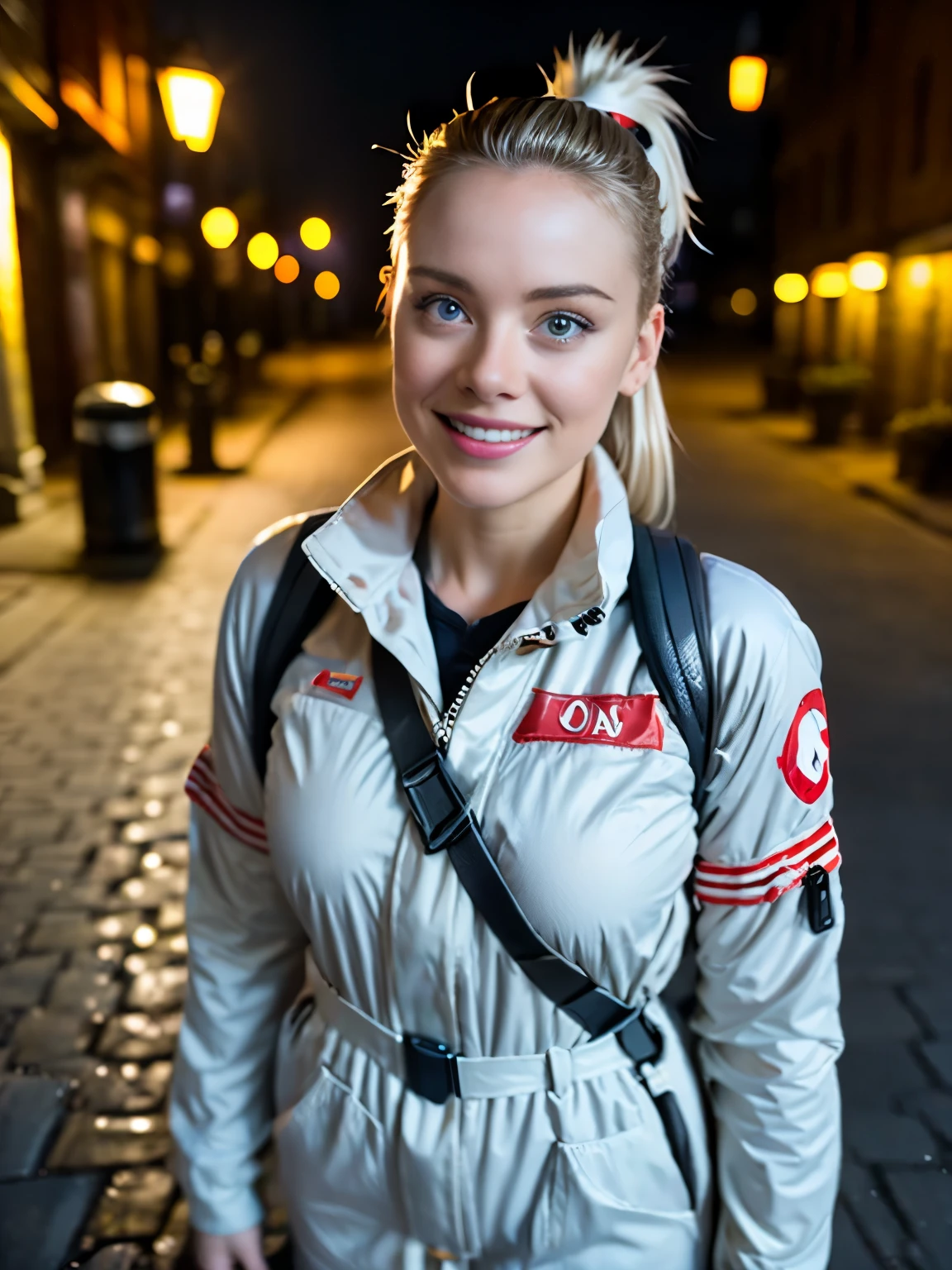 summer77, wearing gray ghostbusters outfit, proton pack, cosplay, smile, masterpiece, on the street, high buildings, foggy weather, photo-realistic, super detail, recover face