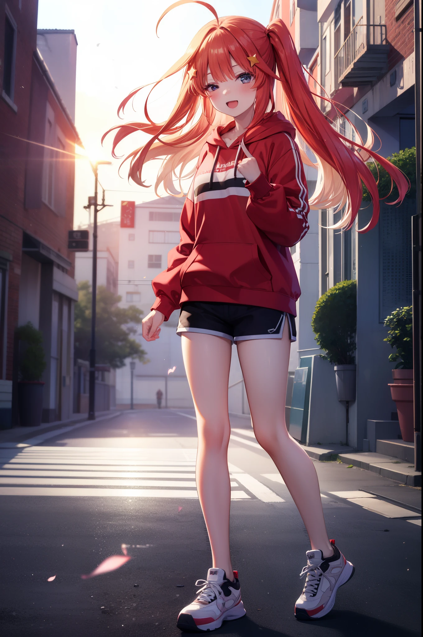 itsukinakano, Itsuki Nakano, bangs, Ahoge, redhead, star \(symbol\), close both eyes,hair ornaments, star hair ornaments,smile,blush,wearing a hood,red oversized hoodie,shorts,white pantyhose,high cut sneakers,(Laughter:1.1), (open your mouth:1.1), glare of the sun, Bokeh, written boundary depth, blurred background, particles of light, strong wind, (heart particles:1.1)
rest outdoors, city,Destroy the building area (masterpiece:1.2), highest quality, High resolution, unity 8k wallpaper, (shape:0.8),  highly detailed face, perfect lighting, Very detailed CG, (perfect hands, perfect anatomy),