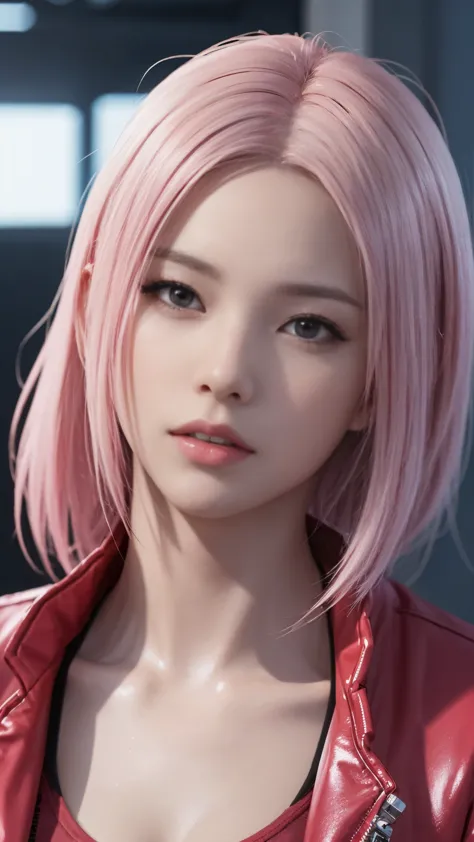 Close-up of two women with pink hair and red jackets, anime realism style, unreal 5. RPG portrait, cgsociety portrait, realistic...