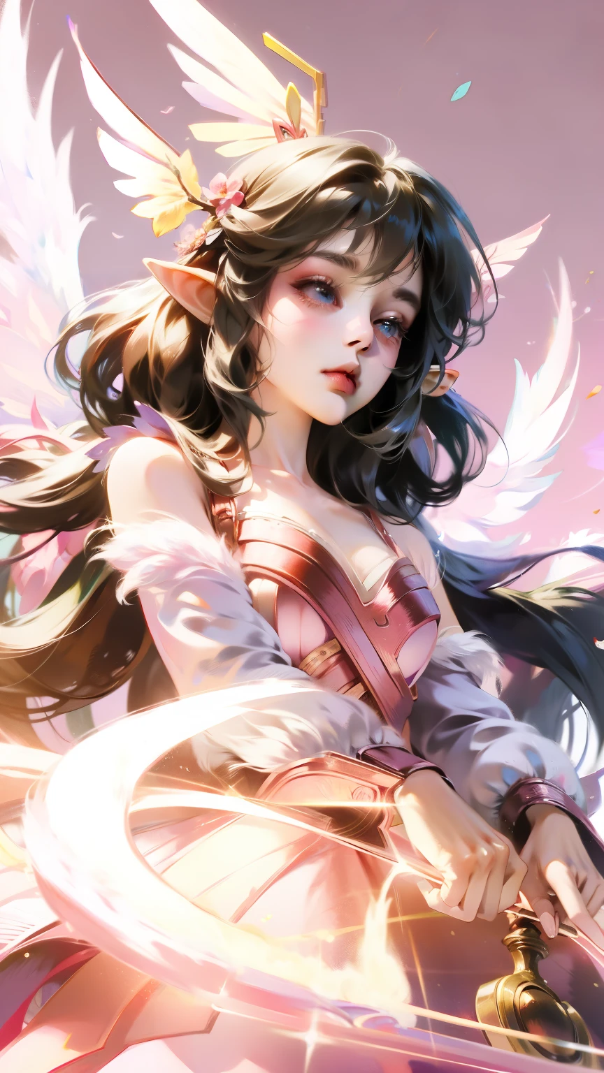 Tragen Sie rosa und schwarze Kleidung、Anime-Mädchen mit Flügeln und rosa Hintergrund, Elfencharakter, Fee, forest Fee, Flower Fee, brunette elf with Fee wings, Elf, süßes 3D-Rendering eines Anime-Mädchens, April-Rendering, Fee dance, Dynamischer Sinn
