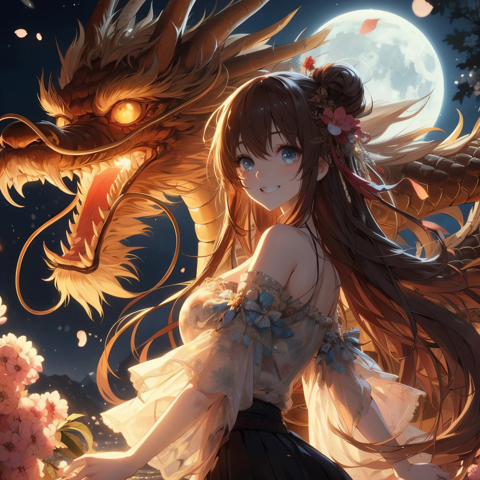 a girl with long hair and a dragon head is standing in front of a full moon, anime style 4 k, anime art wallpaper 8 k, anime art wallpaper 4 k, anime art wallpaper 4k, 4k anime wallpaper, anime wallpaper 4k, anime wallpaper 4 k, 4 k manga wallpaper, anime fantasy artwork, hd anime wallaper, beautiful fantasy anime
