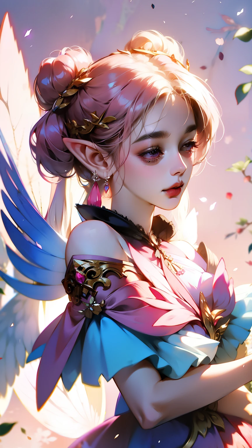 Wear pink and black clothes、Anime girl with wings and pink background, Elf character, Fairy, forest Fairy, Flower Fairy, brunette elf with Fairy wings, Elf, Cute 3D anime girl rendering, April rendering, Fairy dance, Dynamic sense
