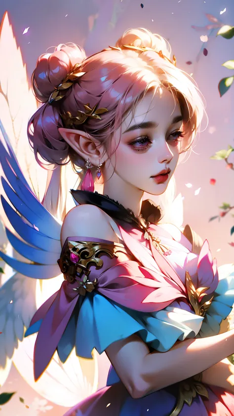 Wear pink and black clothes、Anime girl with wings and pink background, Elf character, Fairy, forest Fairy, Flower Fairy, brunett...
