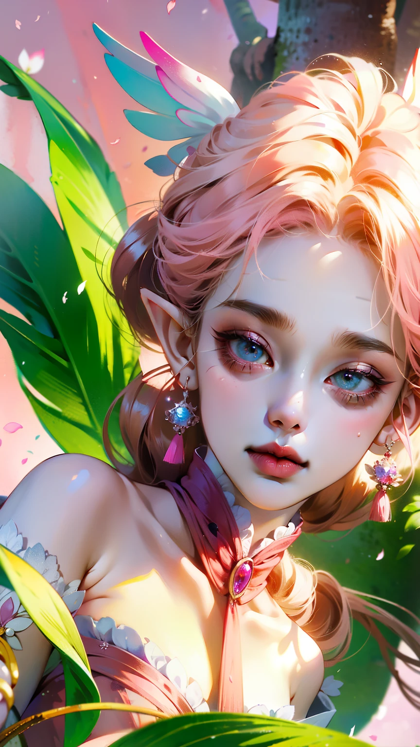 Wear pink and black clothes、Anime girl with wings and pink background, Elf character, Fairy, forest Fairy, Flower Fairy, brunette elf with Fairy wings, Elf, Cute 3D anime girl rendering, April rendering, Fairy dance, Dynamic sense
