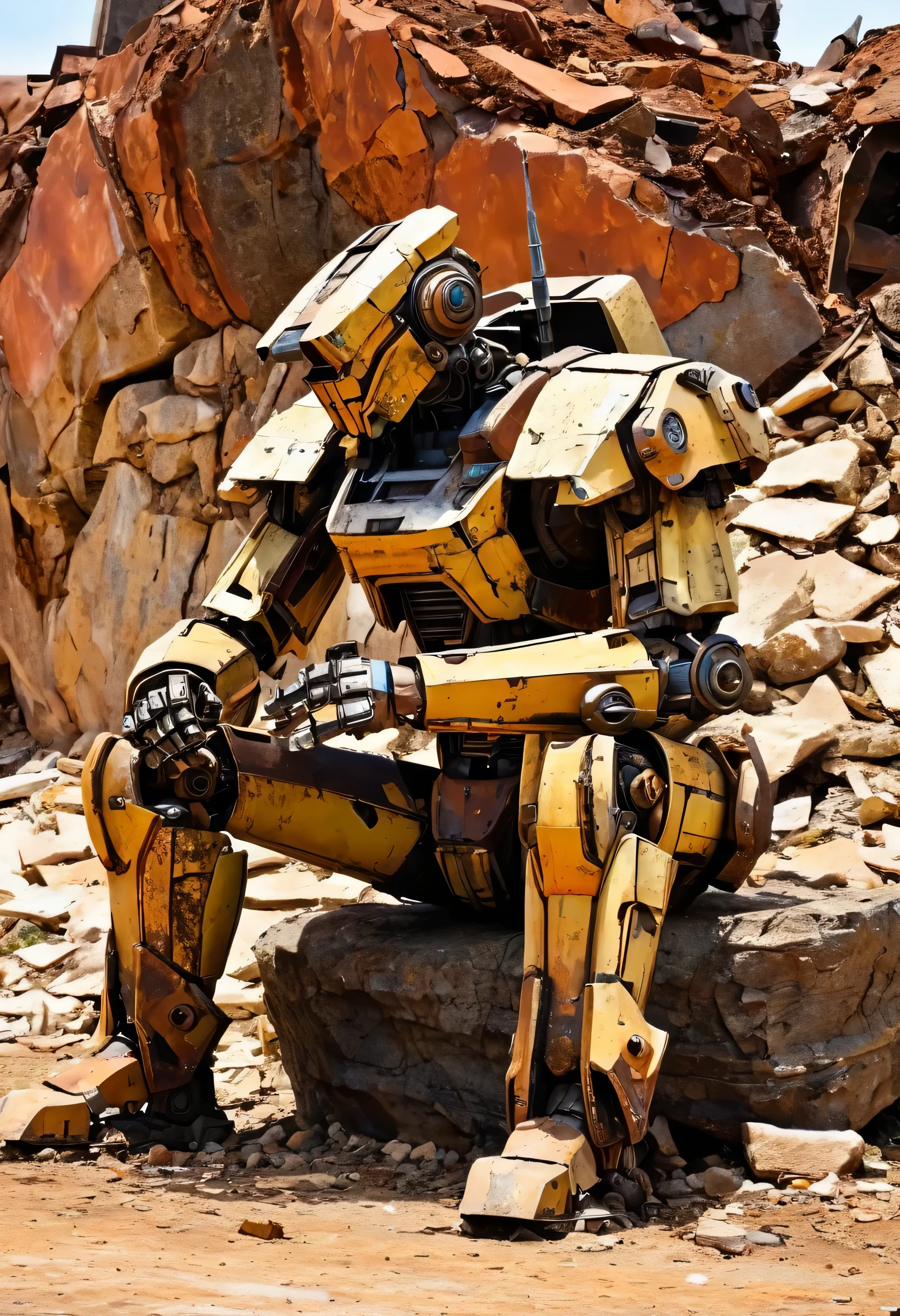 Wasteland，The old mecha sits on the stone and thinks，thinker，sitting，Rusty
