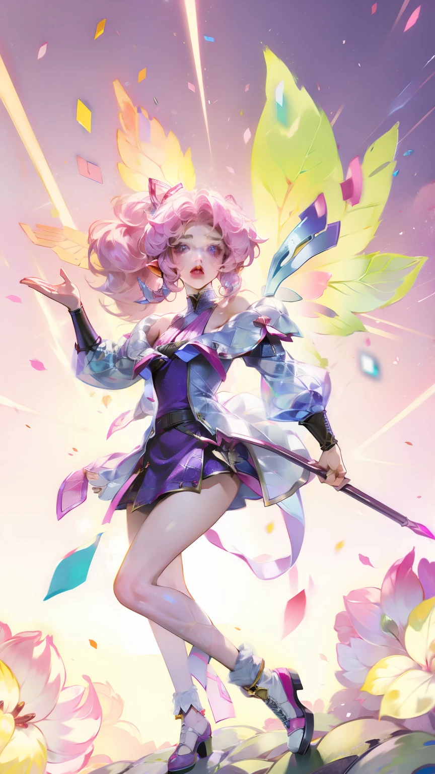 Wear pink and black clothes、Anime girl with wings and pink background, Elf character, Fairy, forest Fairy, Flower Fairy, brunette elf with Fairy wings, Elf, Cute 3D anime girl rendering, April rendering, Fairy dance, Dynamic sense
