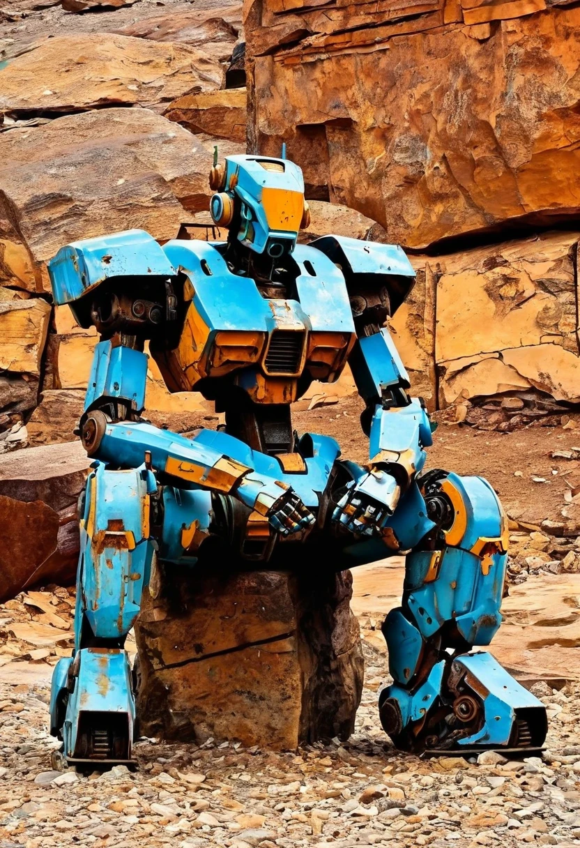 Wasteland，The old mecha sits on the stone and thinks，thinker，sitting，Rusty