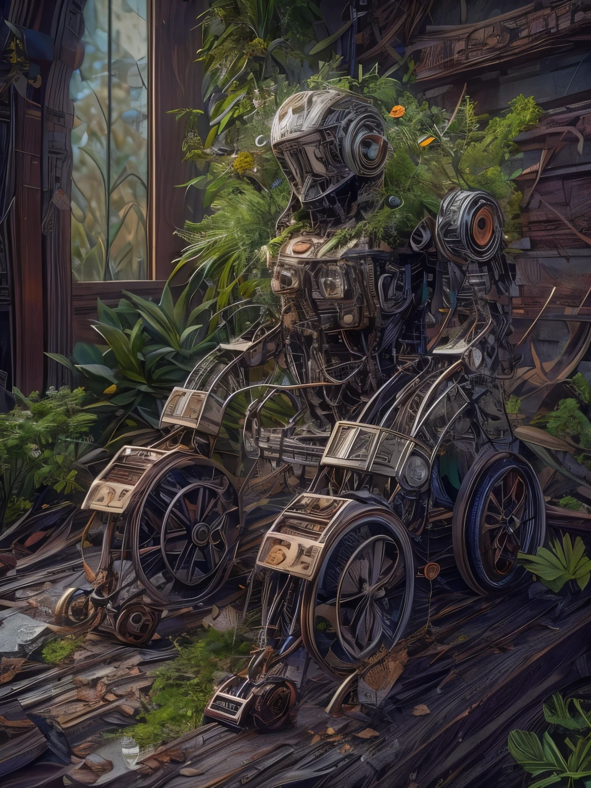 (La best quality,high resolution,super detailed,actual),Old abandoned robot in a wheelchair，covered with plants（ （（A masterpiece full of fantasy elements）））， （（best quality））， （（intricate details））（8k）