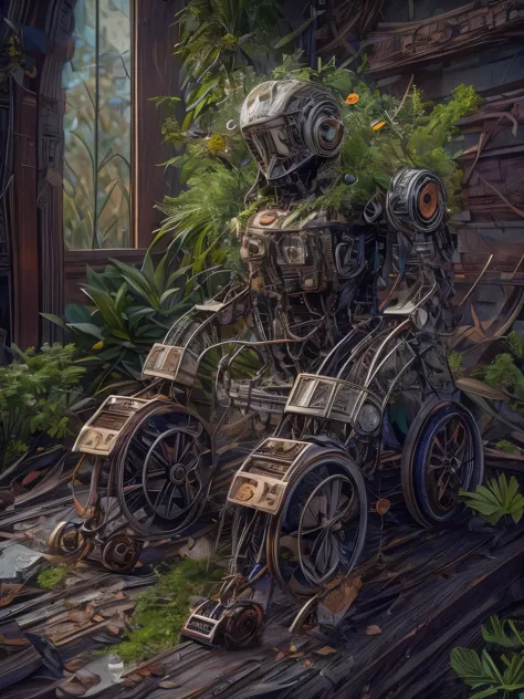 (La best quality,high resolution,super detailed,actual),Old abandoned robot in a wheelchair，covered with plants（ （（A masterpiece...